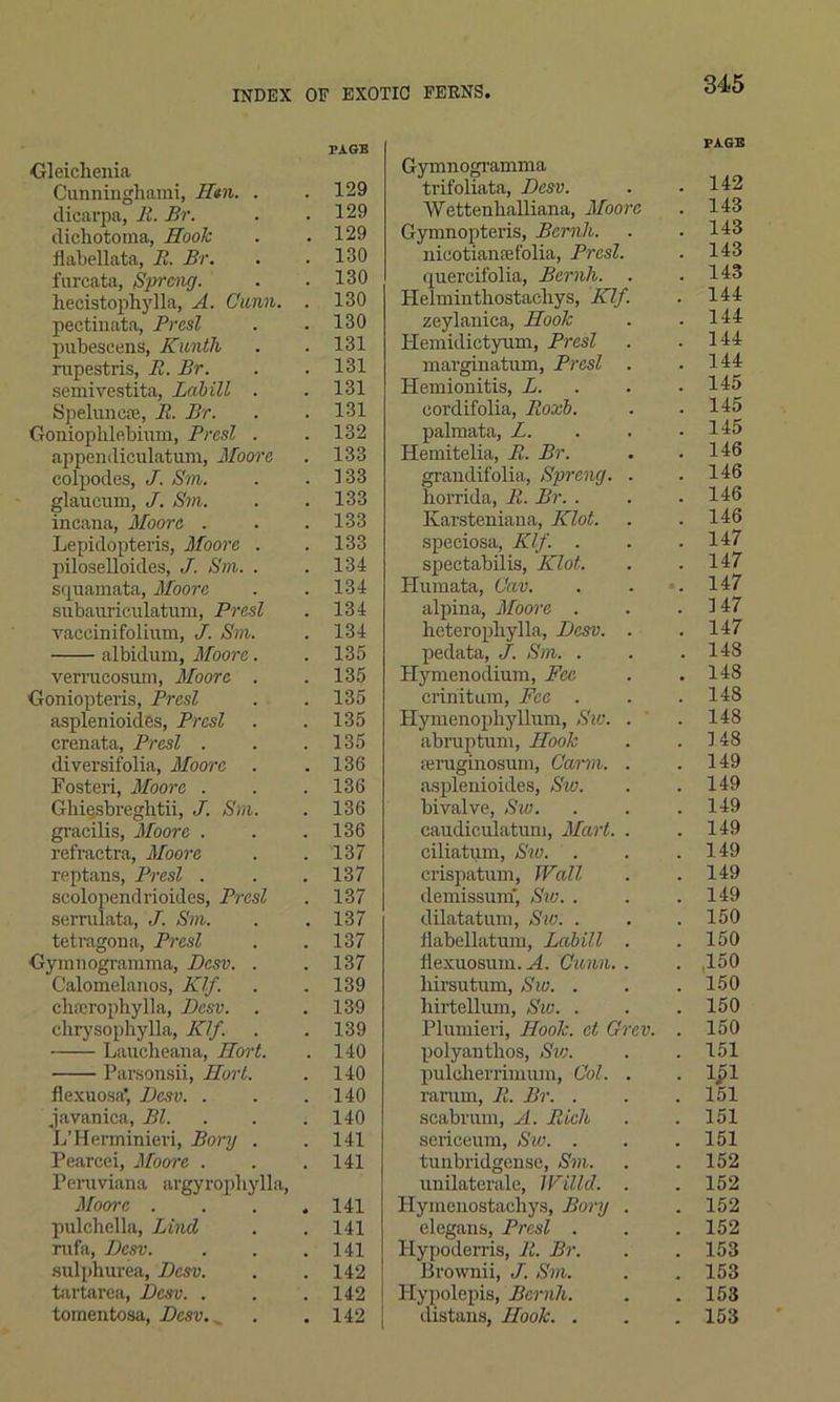 Gleichenia Cunninghami, Hun. . dicarpa, 72. Br. dichotoma, Hook flabellata, R. Br. furcata, Sprang. lieeistophylla, A. Gunn. . pectinata, Prcsl pubescens, Kunth rupestris, 72. Br. semivestita, Labill . Speluncce, 72. Br. Goniophlebmm, Presl . appendiculatum, Moore colpodes, J. Sm. glaucum, J. Sm. incana, Moore . Lepidopteris, Moore . piloselloides, J. Sm. . squamata, Moore subauriculatum, Presl vaceinifolium, J. Sm. albidum, Moore. vemicosuni, Moore . Goniopteris, Presl asplenioides, Prcsl crenata, Prcsl . diversifolia, Moore Fosteri, Moore . Ghiesbreglitii, J. Sm. gracilis, Moore . refractra, Moore reptans, Presl . scolopendrioides, Prcsl serralata, J. Sm. tetragona, Presl Gymnogramma, Dcsv. . Calomelanos, Klf. chajrophylla, Dcsv. . chrysophylla, Klf. Laucheapa, Hort. Parsonsii, Hort. flexuosa', Dcsv. . javanica, Bl. L’Herminievi, Bory . Pearcei, Moore . Peruviana argyrophylla, Moore . pulchella, Lind rufa, Dcsv. sulphurea, Dcsv. tartarea, Dcsv. . tomentosa, Dcsv. Gymnogramma trifoliata, Dcsv. PAGE . 142 Wettenhalliana, Moore . 143 Gymnopteris, Bernh. . 143 nicotiansefolia, Prcsl. . 143 quercifolia, Bernh. . . 143 Helminthostackys, Klf. . 144 zeylanica, Hook . 144 Hemidictyum, Presl . 144 marginatum, Presl . . 144 Hemionitis, L. . 145 cordifolia, Roxb. . 145 palmata, L. . 145 Hemitelia, 72. Br. . 146 grandifolia, Spreng. . . 146 horrida, 72. Br. . . 146 Karsteniana, Klot. . 146 speciosa, Klf. . . 147 spectabilis, Klot. Humata, Cav. . 147 .. 147 alpina, Moore . . 147 lieteropbylla, Dcsv. . . 147 pedata, J. Sm. . . 148 Hymenodium, Fee . 148 cririitum, Fee . . 148 Hymenopkyllum, Sw. . abraptum, Hook . 148 . 148 reruginosum, Carm. . asplenioides, Sw. . 149 . 149 bivalve, Sw. . 149 caudiculatum, Mart. . . 149 ciliatum, Sw. . . 149 crispatum, Wall . 149 demissum, Sw. . . 149 dilatatnm, Sw. . . 150 llabellatum, Labill . . 150 llexuosum. A. Cunn. . . .150 liirsutum, Sw. . . 150 hirtellum, Sw. . . 150 Plumieri, Hook, et Grev. . 150 polyantbos, Sw. . 151 pulclierrimum, Col. . . ipi rarum, 72. Br. . . 151 scabriun, A. Rich . 151 sericeum, Sw. . . 151 tunbridgense, Sm. . 152 unilaterale, Willd. . . 152 Hymenostachys, Bory . . 152 elegans, Prcsl . . 152 Hypoderris, 72. Br. . 153 Brownii, J. Sm. . 153 Hypolepis, Bernh. . 153 distans, Hook. . . 153 PAGE 129 129 129 130 130 130 130 131 131 131 131 132 133 133 133 133 133 134 134 134 134 135 135 135 135 135 136 136 136 136 137 137 137 137 137 137 139 139 139 140 140 140 140 141 141 141 141 141 142 142 142