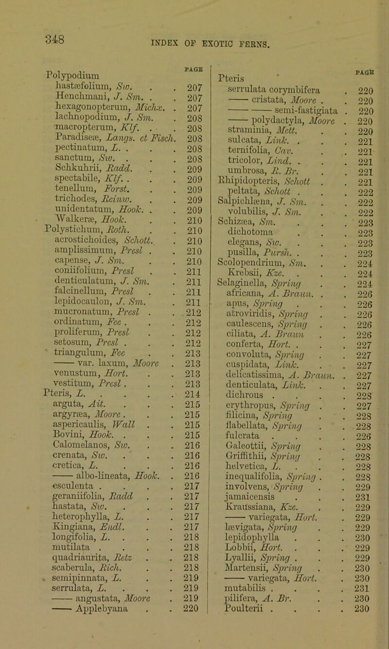 INDEX OP EXOTIC FERNS. Polypodium hastsefolium, Sw. Henchmani, J. Sm. . liexagonopteram, Michx. . lachnopodium, J. Sm. ■macropterum, Klf. . Paradise®, Langs, ct Fisch. peetinatum, L. . sanctum, Sw. . Schkulirii, Badd. speetabile, Klf. . tenellum, Forst. trichodes, Beinw. unidentatum, Hook. . Walker®, Hook. Polystichum, Both. acrostichoides, Schott., amplissimum, Fresl . capense, J. Sm. coniifolium, Brest denticulatum, J. Sm. falcinellum, Brest lepidocaulon, J. Sm. mucronatum, Brest . ordinatum, Fee . proliferum, Brest setosum, Brest . ' triangulum, Fee var. laxum, Moore venustum, Hort. vestitum, Brest. Pteris, L. ... . arguta, Ait. argyrrea, Moore. aspericaulis, Wall . Bovini, Hook. . Calomelanos, Sw. crenata, Sw. cretica, L. ... albo-lineata, Hook. . esculenta .... geraniifolia, Badd liastata, Sw. lieteropliylla, L. Kingiana, Endl. longifolia, L. mutilata .... quadriaurita, Betz scaberula, Bich. . semipinnata, L. serrulata, L. angustata, Moore Ajiplebyana Pteris page serrulata corymbifera 220 cristata, Moore . 220 semi-fastigiata . 220 polydactyla, Moore . 220 straminia, Mctt. 220 sulcata, Link. 221 ternifolia, Cav. 221 tricolor, Lind. . 221 umbrosa, B. Br. 221 Khipidopteris, Schott 221 peltata, Schott . 222 Salpichlsena, J. Sm. 222 volubilis, J. Sm. 9.9.9. Schizsea, Sm. 223 dicbotoma 223 elegaus, Sw. 223 pusilla, Bursa. . 223 Scolopendrium, Sm. 224 Krebsii, Kse. 224 Selaginella, Spring 224 africana, A. Braun. . 226 apus, Spring 226 atroviridis, Spring . 226 caulescens, Spring 226 ciliata, A. Braun 226 conferta, Hort. . 227 convoluta, Spring 227 cuspidata, Link. 227 delicatissima, A. Braun. 227 denticulata, Link. 227 dichrous . 228 erytbropus, Spring . 227 lilicina, Spring 22S llabellata, Spring 228 fulcrata 226 Galeottii, Spring 228 Griffithii, Spring 22S lielvetica, L,. 228 inequalifolia, Spring . 22S involvens, Spring 229 jamaicensis 231 Ivraitssiana, Kze. 229 variegata, Hort. 229 laivigata, Spring 229 lepidopliylla 230 Lobbii, Hort. 229 Lyallii, Spring . 229 Martensii, Spi-ing 230 variegata, Hort. 230 mutabilis . 231 pilifera, A. Br. 230 Poulterii .... 230 PAGE 207 207 207 208 208 208 208 208 209 209 209 209 209 210 210 210 210 210 211 211 211 211 .212 212 212 212 213 213 213 213 214 215 215 215 215 216 216 216 216 217 217 217 217 217 218 218 21S 218 219 219 219 220