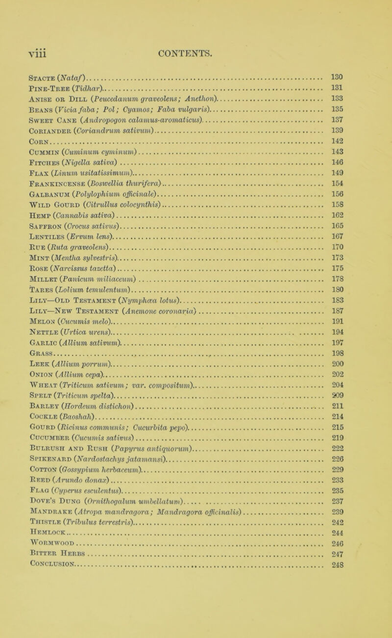 Stacte (Nataf) ISO Pine-Tree (Tidhar) 131 Anise or Dill (Peucedanum graveolens; Anethon) 133 Beans (Vicia faba; Pol; Cyamos; Faba vulgaris) 135 Sweet Cane (Andropogon calamus-aromaticus) 137 Coriander (Coriandrum sativum) 139 Corn 142 Cummin (Cuminum cyminum) 143 Fitches (Nigella sativa) 146 Flax (Linum usitatissimum) 149 Frankincense (Boswellia tliurifera) 154 Galbanum (Polylophium officinale) 156 Wild Gourd (Citrullus colocynthis) 158 Hemp (Cannabis sativa) 162 Saffron (Crocus sativus) 165 Lentiles (Ervum lens) 167 Rue (Ruta graveolens) 170 Mint (Mentha sylvestris) 173 Rose (Narcissus tazetta) 175 Millet (Panicum miliaceum) 178 Tares (Lolium temulentum) 180 Lily—Old Testament (Nymphcea lotus) 183 Lily—New Testament (Anemone coronaria) 187 Melon (Cucumis melo) 191 Nettle (Urtica wrens) 194 Garlic (Allium sativum). 197 Grass „ 198 Leek (Allium porrum) 200 Onion (Allium cepa) 202 Wheat (Triticum sativum; var. compositum) 204 Spelt (Triticum spelta) 209 Barley (Hordeum distichon) 211 Cockle (Baoshah) 214 Gou rd (Ricinus communis; Cucurbita pepo) 215 Cucumber (Cucumis satirms) 219 Bulrush and Rush (Papyrus antiquorum) 222 Spikenard (Nardostachys jatamansi) 226 Cotton (Gossypium lierbaceum). 229 Rf.ed (Arundo donax) 233 Flag (Cyperns esculcnhis) 235 Dove’s Dung (Ornithogalum umbellatum) 237 Mandrake (Atropa mandragora; Mandragora officinalis) 239 Thistle (Tribulus terrestris) 242 Hemlock 244 Wormwood 246 Bitter Herbs 247 Conclusion 248