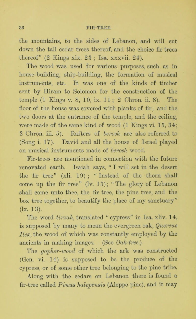 the mountains, to the sides of Lebanon, and will cut down the tall cedar trees thereof, and the choice fir trees thereof” (2 Kings xix. 23 ; Isa. xxxvii. 24). The wood was used for various purposes, such as in house-building, ship-building, the formation of musical instruments, etc. It was one of the kinds of timber sent by Hiram to Solomon for the construction of the temple (1 Kings v. 8, 10, ix. 11 ; 2 Chron. ii. 8). The floor of the house was covered with planks of fir; and the two doors at the entrance of the temple, and the ceiling, ■were made of the same kind of wood (1 Kings vi. 15, 34; 2 Chron. iii. 5). Rafters of berosh are also referred to (Song i. 17). David and all the house of Israel played on musical instruments made of berosh wood. Fir-trees are mentioned in connection with the future renovated earth. Isaiah says, “ I will set in the desert the fir tree” (xli. 19); “Instead of the thorn shall come up the fir tree” (lv. 13); “The glory of Lebanon shall come unto thee, the fir tree, the pine tree, and the box tree together, to beautify the place of my sanctuary” (lx. 13). The word tirzah, translated “cypress” in Isa. xliv. 14, is supposed by many to mean the evergreen oak, Quercus Ilex, the wood of which was constantly employed by the ancients in making images. (See Oah-tree.) The gopher-ivood of which the ark was constructed (Gen. vi. 14) is supposed to be the produce of the cypress, or of some other tree belonging to the pine tribe. Alon with the cedars on Lebanon there is found a O fir-tree called Pinus halepensis (Aleppo pine), and it may