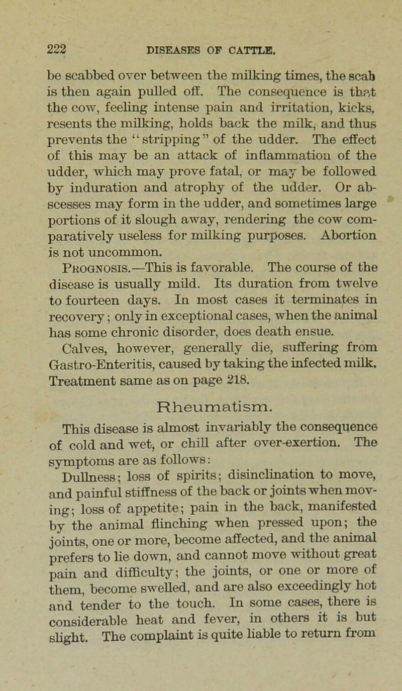 be scabbed over between the milking times, the scab is then again pulled off. The consequence is thp,t the cow, feeling intense pain and irritation, kicks, resents the milking, holds back the milk, and thus prevents the “stripping” of the udder. The effect of this may be an attack of inflammation of the udder, which may prove fatal, or may be followed by induration and atrophy of the udder. Or ab- scesses may form in the udder, and sometimes large portions of it slough away, rendering the cow com- paratively useless for milking purposes. Abortion is not uncommon. Prognosis.—This is favorable. The course of the disease is usually mild. Its duration from twelve to fourteen days. In most cases it terminates in recovery; only in exceptional cases, when the animal bos some chronic disorder, does death ensue. Calves, however, generally die, suffering from Gastro-Enteritis, caused by taking the infected milk. Treatment same as on page 218. Rheumatism. This disease is almost invariably the consequence of cold and wet, or chill after over-exertion. The symptoms are as follows: Dullness; loss of spirits; disinclination to move, and painful stiffness of the back or joints when mov- ing; loss of appetite; pain in the back, manifested by the animal flinching when pressed upon; the joints, one or more, become affected, and the animal prefers to lie down, and cannot move without great pain and difficulty; the joints, or one or more of them, become swelled, and are also exceedingly hot and tender to the touch. In some cases, there is considerable heat and fever, in others it is but slight. The complaint is quite liable to return from