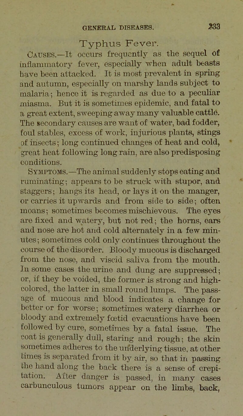 Typhus Fever. Causes.—It occurs frequently as the sequel of inflammatory fever, especially when adult beasts bave been attacked. It is most prevalent in spring and autumn, especially on marshy lands subject to malaria ; hence it is regarded as due to a peculiar miasma. But it is sometimes epidemic, and fatal to a great extent, sweeping away many valuable cattle. The secondary causes are want of water, bad fodder, foul stables, excess of work, injurious plants, stings of insects; long continued changes of beat and cold, great heat following long rain, are also predisposing conditions. Symptoms.—The animal suddenly stops eating and ruminating; appears to be struck with stupor, and staggers; bangs its bead, or lays it on the manger, or carries it upwards and from side to side; often moans; sometimes becomes mischievous. The eyes are fixed and watery, but not red; the horns, ears and nose are hot and cold alternately in a few min- utes; sometimes cold only continues throughout the course of the disorder. Bloody mucous is discharged from the nose, and viscid saliva from the mouth. In some cases the urine and dung are suppressed; or, if they be voided, the former is strong and high- colored, the latter in small round lumps. The pass- age of mucous and blood indicates a change for better or for worse; sometimes watery diarrhea or bloody and extremely foetid evacuations have been followed by cure, sometimes by a fatal issue. The coat is generally dull, staring and rough; the skin sometimes adheres to the underlying tissue, at other times is separated from it by air, so that in passing the hand along the back there is a sense of crepi- tation. After danger is passed, in many cases carbunculous tumors appear on the limbs, back,