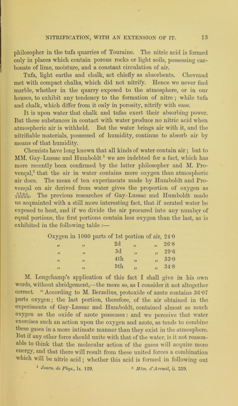 philosopher in the tufa quarries of Touraine. The nitric acid is formed only in places which contain porous rocks or light soils, possessing car- bonate of lime, moisture, and a constant circulation of air. Tufa, light earths and chalk, act chiefly as absorbents. Chevraud met with compact chalks, which did not nitrify. Hence we never find marble, whether in the quarry exposed to the atmosphere, or in our houses, to exhibit any tendency to the formation of nitre ; while tufa and chalk, which differ from it only in porosity, nitrify with ease. It is upon water that chalk and tufas exert their absorbing power. But these substances in contact with water produce no nitric acid when atmospheric air is withheld. But the water brings air with it, and the nitrifiable materials, possessed of humidity, continue to absorb air by means of that humidity. Chemists have long known that all kinds of water contain air; but to MM. Gay-Lussac and Humboldt1 we are indebted for a fact, which has more recently been confirmed by the latter philosopher and M. Pro- vencal,'2 that the air in water contains more oxygen than atmospheric air does. The mean of ten experiments made by Humboldt and Pro- vencal on air derived from water gives the proportion of oxygen as tujPgjj- The previous researches of Gay-Lussac and Humboldt made us acquainted with a still more interesting fact, that if aerated water be exposed to heat, and if we divide the air procured into any number of equal portions, the first portions contain less oxygen than the last, as is exhibited in the following table :— Oxygen in 1000 parts of 1st portion of air, 24‘0 V >> 2d „ 26-8 )> >> 3d „ 29-6 f> 4th „ 33-0 )> )J 5th „ „ 34-8 M. Longchamp’s application of this fact I shall give in his own words, without abridgement,—the more so, as I consider it not altogether correct. “According to M. Berzelius, protoxide of azote contains 36‘07 parts oxygen; the last portion, therefore, of the air obtained in the experiments of Gay-Lussac and Humboldt, contained almost as much oxygen as the oxide of azote possesses: and we perceive that water exercises such an action upon the oxygen and azote, as tends to combine these gases in a more intimate manner than they exist in the atmosphere. But if any other force should unite with that of the water, is it not reason- able to think that the molecular action of the gases will acquire more energy, and that there will result from these united forces a combination which will be nitric acid; whether this acid is formed in following out 1 Journ. ile Phys., lx. 129. 2 Mem. iVArcueil, ii. 359.