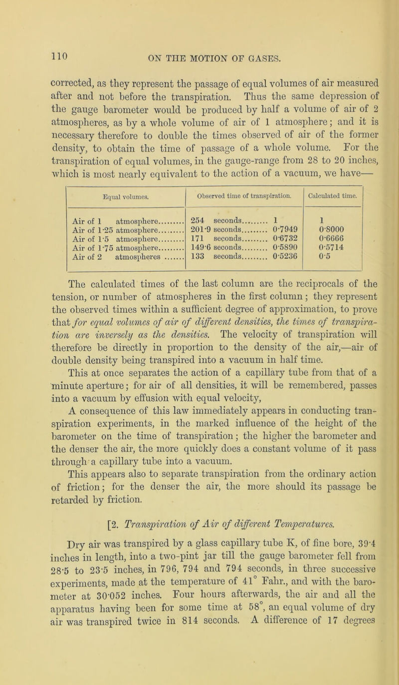 corrected, as they represent the passage of equal volumes of air measured after and not before the transpiration. Thus the same depression of the gauge barometer would be produced by half a volume of air of 2 atmospheres, as by a whole volume of air of 1 atmosphere; and it is necessary therefore to double the times observed of air of the former density, to obtain the time of passage of a whole volume. For the transpiration of equal volumes, in the gauge-range from 28 to 20 inches, which is most nearly equivalent to the action of a vacuum, we have— Equal volumes. Observed time of transpiration. Calculated time. Air of 1 atmosphere Air of l-25 atmosphere Air of 15 atmosphere Air of 1 75 atmosphere Air of 2 atmospheres 254 seconds 1 201'9 seconds 07949 171 seconds 0’6732 1496 seconds 0‘5890 133 seconds 0-5236 1 0-8000 0-6666 0-5714 0-5 The calculated times of the last column are the reciprocals of the tension, or number of atmospheres in the first column ; they represent the observed times within a sufficient degree of approximation, to prove that for equal volumes of air of different densities, the times of transpira- tion are inversely as the densities. The velocity of transpiration will therefore be directly in proportion to the density of the air,—air of double density being transpired into a vacuum in half time. This at once separates the action of a capillary tube from that of a minute aperture; for air of all densities, it will be remembered, passes into a vacuum by effusion with equal velocity, A consequence of this law immediately appears in conducting tran- spiration experiments, in the marked influence of the height of the barometer on the time of transpiration; the higher the barometer and the denser the air, the more quickly does a constant volume of it pass through a capillary tube into a vacuum. This appears also to separate transpiration from the ordinary action of friction; for the denser the air, the more should its passage be retarded by friction. [2. Transpiration of Air of different Temperatures. Dry air was transpired by a glass capillary tube Iv, of fine bore, 3T4 inches in length, into a two-pint jar till the gauge barometer fell from 28-5 to 235 inches, in 796, 794 and 794 seconds, in three successive experiments, made at the temperature of 41° Falir., and with the baro- meter at 30'05 2 inches. Four hours afterwards, the air and all the apparatus having been for some time at 58°, an equal volume of dry air was transpired twice in 814 seconds. A difference of 17 degrees