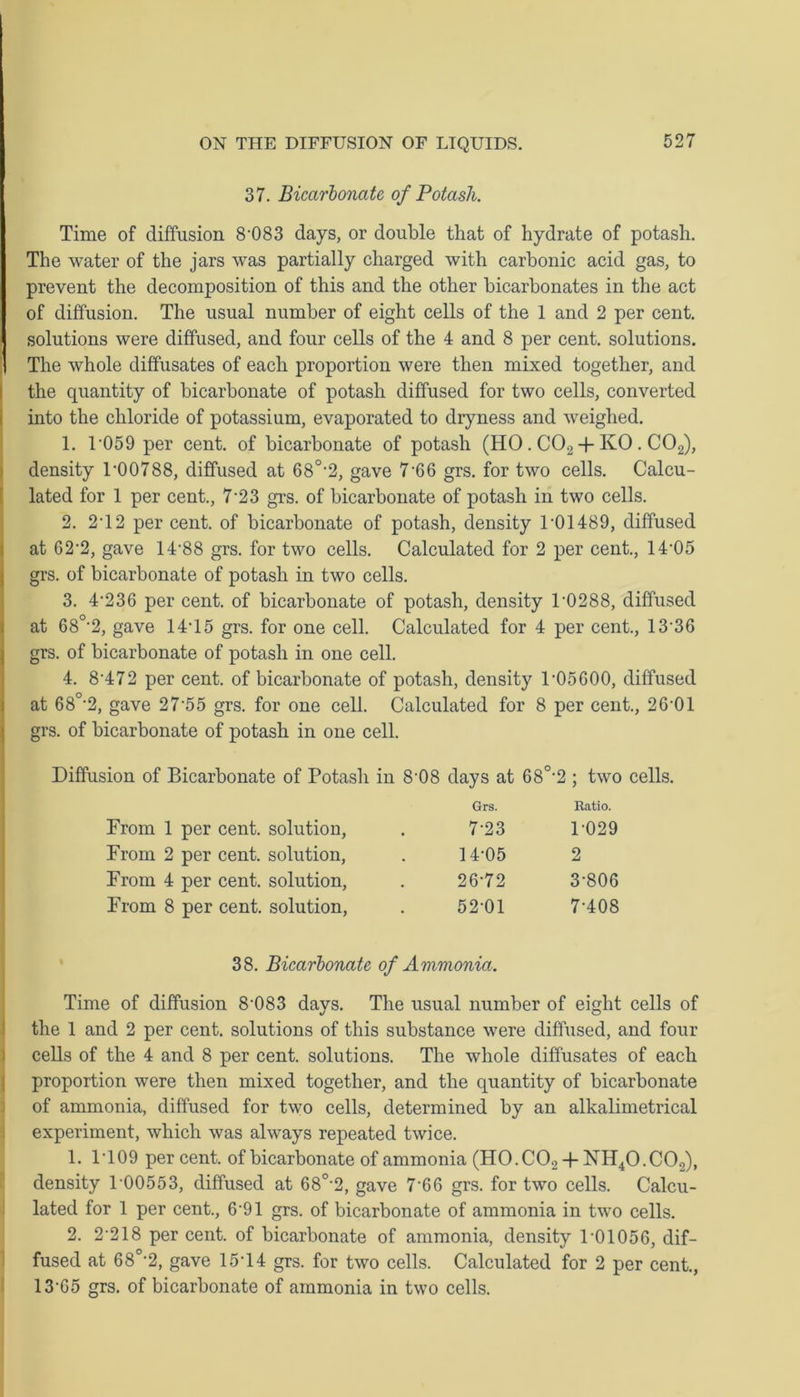 37. Bicarbonate of Potash. Time of diffusion 8-083 days, or double that of hydrate of potash. The water of the jars was partially charged with carbonic acid gas, to prevent the decomposition of this and the other bicarbonates in the act of diffusion. The usual number of eight cells of the 1 and 2 per cent, solutions were diffused, and four cells of the 4 and 8 per cent, solutions. The whole diffusates of each proportion were then mixed together, and the quantity of bicarbonate of potash diffused for two cells, converted into the chloride of potassium, evaporated to dryness and weighed. 1. 1 059 per cent, of bicarbonate of potash (HO . C02 + KO. C02), density 1-00788, diffused at 68°-2, gave 7*66 grs. for two cells. Calcu- lated for 1 per cent., 7’23 grs. of bicarbonate of potash in two cells. 2. 2T2 per cent, of bicarbonate of potash, density l-01489, diffused at G2’2, gave 14-88 grs. for two cells. Calculated for 2 per cent., 14’05 grs. of bicarbonate of potash in two cells. 3. 4-236 per cent, of bicarbonate of potash, density T0288, diffused at 68°-2, gave 14T5 grs. for one cell. Calculated for 4 per cent., 1336 grs. of bicarbonate of potash in one cell. 4. 8'472 per cent, of bicarbonate of potash, density T05G00, diffused at 68°-2, gave 27-55 grs. for one cell. Calculated for 8 per cent., 26-01 grs. of bicarbonate of potash in one cell. Diffusion of Bicarbonate of Potash in 8-08 days at 68°-2 ; two cells. Grs. Ratio. From 1 per cent, solution, 7-23 1029 From 2 per cent, solution, 14-05 2 From 4 per cent, solution, 26-72 3-806 From 8 per cent, solution, 52-01 7-408 38. Bicarbonate of Ammonia. Time of diffusion 8-083 days. The usual number of eight cells of the 1 and 2 per cent, solutions of this substance were diffused, and four cells of the 4 and 8 per cent, solutions. The whole diffusates of each proportion were then mixed together, and the quantity of bicarbonate of ammonia, diffused for two cells, determined by an alkalimetrical experiment, which was always repeated twice. 1. 1T09 percent, of bicarbonate of ammonia (HO.COo + NII40.C02), density 1 00553, diffused at 68°'2, gave 7'66 grs. for two cells. Calcu- lated for 1 per cent., 6 91 grs. of bicarbonate of ammonia in two cells. 2. 2'218 per cent, of bicarbonate of ammonia, density 1-01056, dif- fused at 68°-2, gave 15-14 grs. for two cells. Calculated for 2 per cent., 13-65 grs. of bicarbonate of ammonia in two cells.