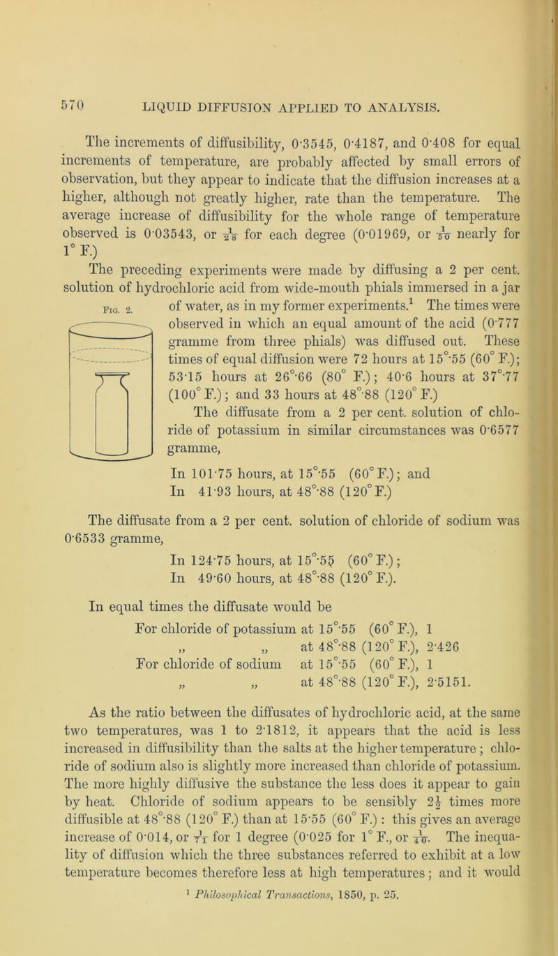 The increments of diffusibility, 0-3545, 0-4187, and 0-408 for equal increments of temperature, are probably affected by small errors of observation, but they appear to indicate that the diffusion increases at a higher, although not greatly higher, rate than the temperature. The average increase of diffusibility for the whole range of temperature observed is 0-03543, or 2V for each degree (0-01969, or to- nearly for 1° F.) The preceding experiments were made by diffusing a 2 per cent, solution of hydrochloric acid from wide-moutli phials immersed in a jar of water, as in my former experiments.1 The times were observed in which an equal amount of the acid (0 77 7 gramme from three phials) was diffused out. These times of equal diffusion were 72 hours at 15°-55 (60° F.); 53-15 hours at 26°66 (80° F.); 4CC6 hours at 37°-77 (100° F.); and 33 hours at 48°-88 (120° F.) The diffusate from a 2 per cent, solution of chlo- ride of potassium in similar circumstances was 0 6577 gramme, In 10P75 hours, at 15°-55 (60° F.); and In 41-93 hours, at 48°'88 (120°F.) The diffusate from a 2 per cent, solution of chloride of sodium was 0-6533 gramme, In 124-75 hours, at 15°'55 (60° F.); In 49-60 hours, at 48°'88 (120° F.). In equal times the diffusate would be For chloride of potassium at 15°55 (60° F.), 1 „ „ at 48°-88 (120° F.), 2-426 For chloride of sodium at 15°-55 (60° F.), 1 „ „ at 48°'88 (120° F.), 2-5151. As the ratio between the diffusates of hydrochloric acid, at the same two temperatures, was 1 to 21812, it appears that the acid is less increased in diffusibility than the salts at the higher temperature ; chlo- ride of sodium also is slightly more increased than chloride of potassium. The more highly diffusive the substance the less does it appear to gain by heat. Chloride of sodium appears to be sensibly 2| times more diffusible at 48°88 (120° F.) than at 15*55 (60° F.) : this gives an average increase of 0-014, or tt for 1 degree (0'025 for 1° F., or 4V. The inequa- lity of diffusion which the three substances referred to exhibit at a low temperature becomes therefore less at high temperatures; and it would Fia. 2. 1 Philosophical Transactions, 1850, p. 25.