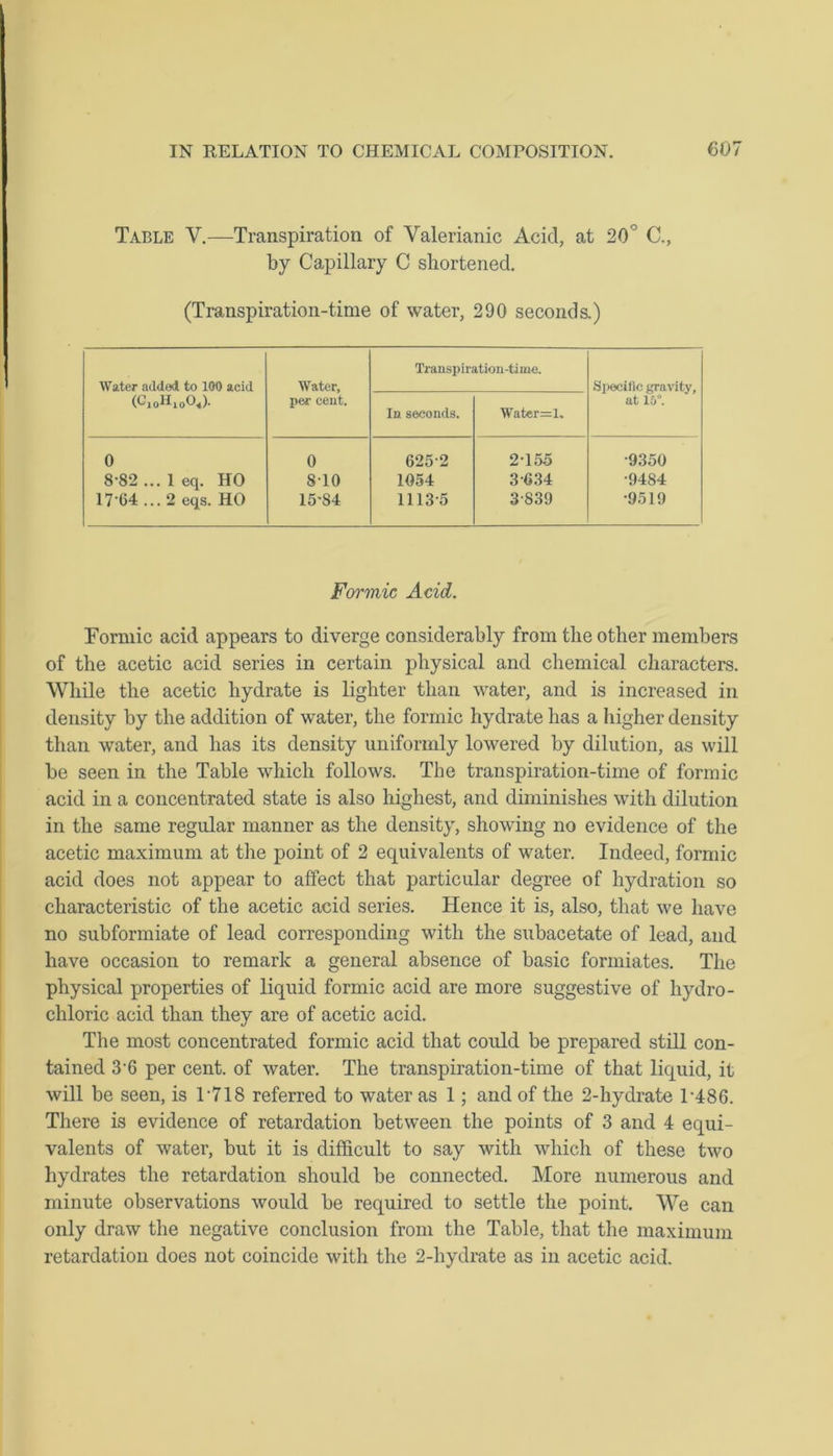 Table V.—Transpiration of Valerianic Acid, at 20° C., by Capillary C shortened. (Transpiration-time of water, 290 seconds.) Water added to 100 acid (C,oH100«). Water, per cent. Transpiration-ti me. Specific gravity, at 15°. In seconds. Water=l. 0 0 625 2 2-155 •9350 8-82 ... 1 eq. HO 8-10 1054 3-634 •9484 17 64 ... 2 eqs. HO 15-84 1113-5 3-839 •9519 Formic Acid. Formic acid appears to diverge considerably from the other members of the acetic acid series in certain physical and chemical characters. While the acetic hydrate is lighter than water, and is increased in density by the addition of water, the formic hydrate has a higher density than water, and has its density uniformly lowered by dilution, as will be seen in the Table which follows. The transpiration-time of formic acid in a concentrated state is also highest, and diminishes with dilution in the same regular manner as the density, showing no evidence of the acetic maximum at the point of 2 equivalents of water. Indeed, formic acid does not appear to affect that particular degree of hydration so characteristic of the acetic acid series. Hence it is, also, that we have no subformiate of lead corresponding with the subacetate of lead, and have occasion to remark a general absence of basic fonniates. The physical properties of liquid formic acid are more suggestive of hydro- chloric acid than they are of acetic acid. The most concentrated formic acid that could be prepared still con- tained 3’6 per cent, of water. The transpiration-time of that liquid, it will be seen, is L718 referred to water as 1; and of the 2-hydrate L486. There is evidence of retardation between the points of 3 and 4 equi- valents of water, but it is difficult to say with which of these two hydrates the retardation should be connected. More numerous and minute observations would be required to settle the point. We can only draw the negative conclusion from the Table, that the maximum retardation does not coincide with the 2-hydrate as in acetic acid.