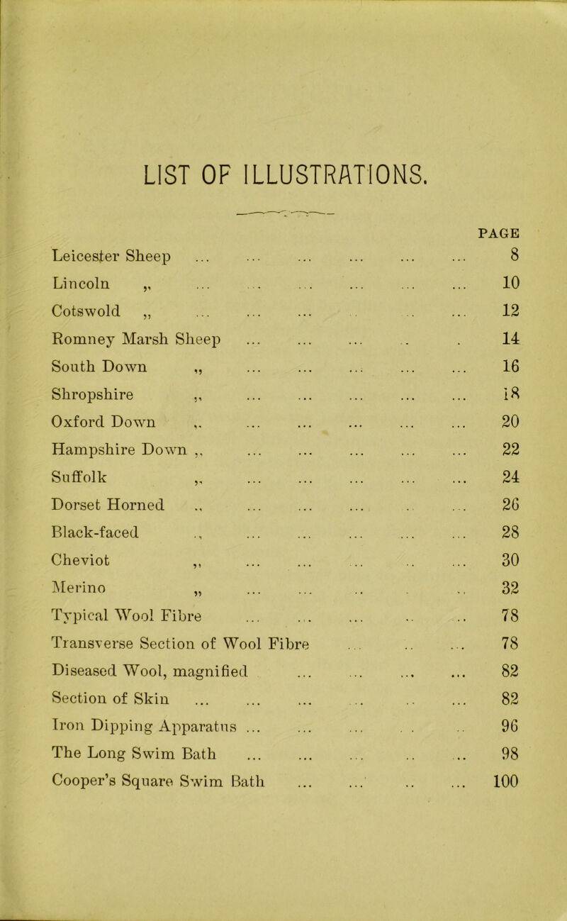 LIST OF ILLUSTRATIONS. PAGE Leicester Sheep ... ... ... ... ... ... 8 Lincoln ,, ... ... ... ... ... ... 10 Cotswold „ ... ... ... ... 12 Romney Marsh Sheep ... ... ... . . 14 Sonth Down „ ... ... ... ... ... 16 Shropshire ... ... ... ... ... 18 Oxford Down ... ... ... ... ... 20 Hampshire Down ,, ... ... ... ... ... 22 Suffolk ,, ... ... ... ... ... 24 Dorset Horned ... ... ... ... 26 Black-faced ., ... ... ... ... ... 28 Cheviot ,, ... ... ... .. ... 30 Merino „ ... ... .. ., 32 Typical Wool Fibre ... ... ... .. .. 78 Transverse Section of Wool Fibre ... .. ... 78 Diseased Wool, magnified ... ... .., ... 82 Section of Skin ... ... ... .. 82 Iron Dipping Apparatus ... ... ... 96 The Long Swim Bath ... ... ... .. ... 98 Cooper’s Square Swim Bath ... ... .. ... 100