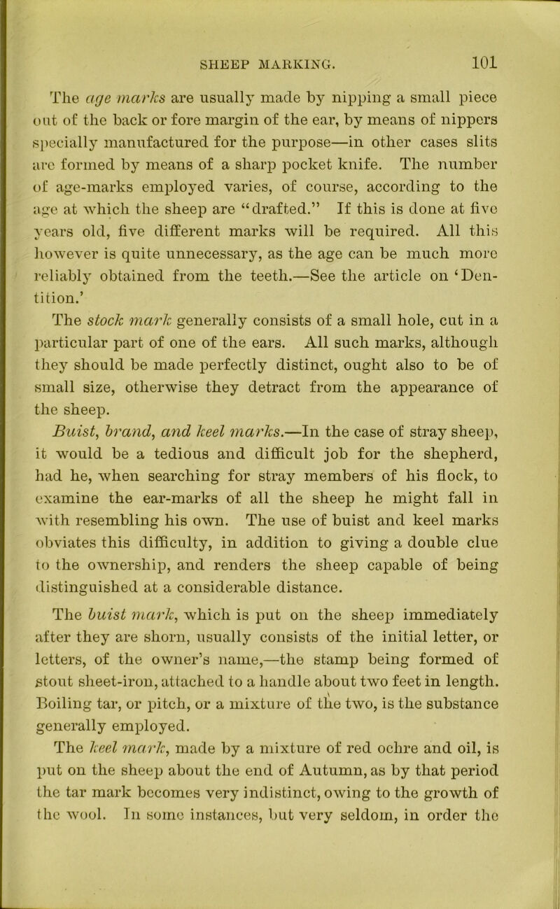 The age marks are usually made by nipping a small piece out of the back or fore margin of the ear, by means of nippers specially manufactured for the purpose—in other cases slits are formed by means of a sharp pocket knife. The number of age-marks employed varies, of course, according to the age at which the sheep are “drafted.” If this is done at five years old, five different marks will be required. All this however is quite unnecessary, as the age can be much more reliably obtained from the teeth.—See the article on ‘Den- tition.’ The stock mark generally consists of a small hole, cut in a particular part of one of the ears. All such marks, although they should be made perfectly distinct, ought also to be of small size, otherwise they detract from the appearance of the sheep. Buist, brand, and keel marks.—In the case of stray sheep, it would be a tedious and difficult job for the shepherd, had he, when searching for stray members of his flock, to examine the ear-marks of all the sheep he might fall in with resembling his own. The use of buist and keel marks obviates this difficulty, in addition to giving a double clue to the ownership, and renders the sheep capable of being distinguished at a considerable distance. The buist mark, which is put on the sheep immediately after they are shorn, usually consists of the initial letter, or letters, of the owner’s name,—the stamp being formed of stout sheet-iron, attached to a handle about two feet in length. Boiling tar, or pitch, or a mixture of the two, is the substance generally employed. The keel mark, made by a mixture of red ochre and oil, is put on the sheep about the end of Autumn, as by that period the tar mark becomes very indistinct, owing to the growth of the wool. In some instances, but very seldom, in order the