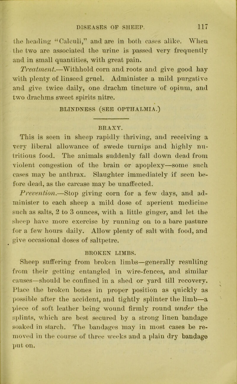 the heading “Calculi,” and are in both cases alike. When the two are associated the urine is passed very frequently and in small quantities, with great pain. Treatment.—Withhold corn and roots and give good hay with plenty of linseed gruel. Administer a mild purgative and give twice daily, one drachm tincture of opium, and two drachms sweet spirits nitre. BLINDNESS (SEE OPTHALMIA.) BRAXY. This is seen in sheep rapidly thriving, and receiving a very liberal allowance of swede turnips and highly nu- tritious food. The animals suddenly fall down dead from violent congestion of the brain or apoplexy—some such cases may be anthrax. Slaughter immediately if seen be- fore dead, as the carcase may be unaffected. Prevention.—Stop giving corn for a few days, and ad- minister to each sheep a mild dose of aperient medicine such as salts, 2 to 3 ounces, with a little ginger, and let the sheep have more exercise by running on to a bare pasture for a few hours daily. Allow plenty of salt with food, and give occasional doses of saltpetre. BROKEN LIMBS. Sheep suffering from broken limbs—generally resulting from their getting entangled in wire-fences, and similar causes—should be confined in a shed or yard till recovery. Place the broken bones in proper position as quickly as possible after the accident, and tightly splinter the limb—a piece of soft leather being wound firmly round under the splints, which are best secured by a strong linen bandage soaked in starch. The bandages may in most cases be re- moved in the course of three weeks and a plain dry bandage put on.