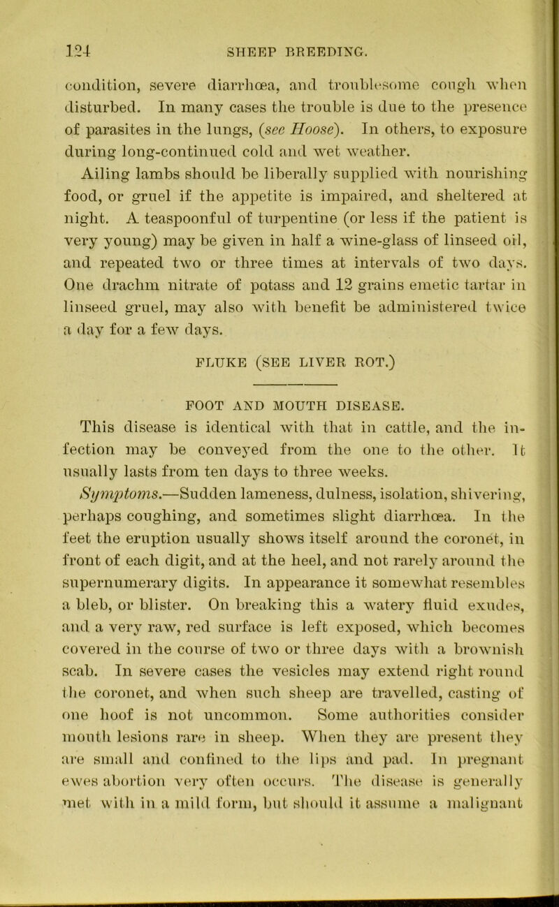 condition, severe diarrhoea, and troublesome cough when disturbed. In many cases the trouble is due to the presence of parasites in the lungs, (sec Hoose). In others, to exposure during long-continued cold and wet weather. Ailing lambs should be liberally supplied with nourishing food, or gruel if the appetite is impaired, and sheltered at night. A teaspoonful of turpentine (or less if the patient is very young) may be given in half a wine-glass of linseed oil, and repeated two or three times at intervals of two days. One drachm nitrate of potass and 12 grains emetic tartar in linseed gruel, may also with benefit be administered twice a day for a few days. FLUKE (SEE LIVER ROT.) FOOT AND MOUTH DISEASE. This disease is identical with that in cattle, and the in- fection may be conveyed from the one to the other. It usually lasts from ten days to three weeks. Symptoms.—Sudden lameness, dulness, isolation, shivering, perhaps coughing, and sometimes slight diarrhoea. In the feet the eruption usually shows itself around the coronet, in front of each digit, and at the heel, and not rarely around the supernumerary digits. In appearance it somewhat resembles a bleb, or blister. On breaking this a watery fluid exudes, and a very raw, red surface is left exposed, which becomes covered in the course of two or three days with a brownish scab. In severe cases the vesicles may extend right round file coronet, and when such sheep are travelled, casting of one hoof is not uncommon. Some authorities consider mouth lesions rare in sheep. When they are present they are small and confined to the lips and pad. In pregnant ewes abortion very often occurs. The disease is generally met with in a mild form, but should it assume a malignant
