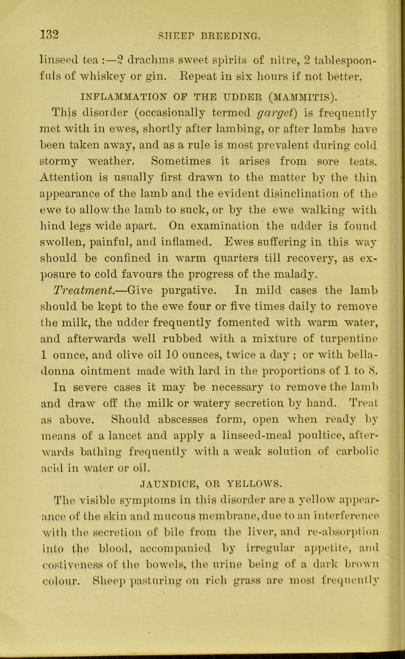 linseed tea :—2 drachms sweet spirits of nitre, 2 tablespoon- fuls of whiskey or gin. Repeat in six hours if not better. INFLAMMATION OF THE UDDER (MAMMITIS). This disorder (occasionally termed garget) is frequently met with in ewes, shortly after lambing, or after lambs have been taken away, and as a rule is most prevalent during cold stormy weather. Sometimes it arises from sore teats. Attention is usually first drawn to the matter by the thin appearance of the lamb and the evident disinclination of the ewe to allow the lamb to suck, or by the ewe walking with hind legs wide apart. On examination the udder is found swollen, painful, and inflamed. Ewes suffering in this way should be confined in warm quarters till recovery, as ex- posure to cold favours the progress of the malady. Treatment.—Give purgative. In mild cases the lamb should be kept to the ewe four or five times daily to remove the milk, the udder frequently fomented with warm water, and afterwards well rubbed with a mixture of turpentine 1 ounce, and olive oil 10 ounces, twice a day ; or with bella- donna ointment made with lard in the proportions of 1 to 8. In severe cases it may be necessary to remove the lamb and draw off the milk or watery secretion by hand. Treat as above. Should abscesses form, open when ready by means of a lancet and apply a linseed-meal poultice, after- wards bathing frequently with a weak solution of carbolic acid in water or oil. JAUNDICE, OR YELLOWS. The visible symptoms in this disorder are a yellow appear- ance of the skin and mucous membrane, due to an interference with the secretion of bile from the liver, and re-absorption into the blood, accompanied by irregular appetite, and costiveness of the bowels, the urine being of a dark brown colour. Sheep pasturing on rich grass are most frequently