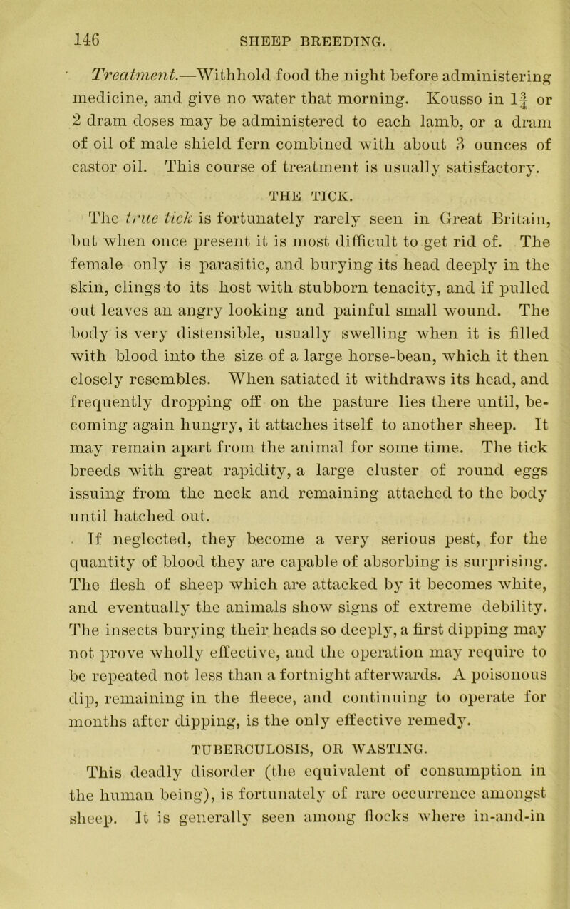 Treatment.—Withhold food the night before administering medicine, and give no water that morning. Kousso in 1-| or 2 dram doses may be administered to each lamb, or a dram of oil of male shield fern combined with about 3 ounces of castor oil. This course of treatment is usually satisfactory. THE TICK. The true ticlo is fortunately rarely seen in Great Britain, but when once present it is most difficult to get rid of. The female only is parasitic, and burying its head deeply in the skin, clings to its host with stubborn tenacity, and if pulled out leaves an angry looking and painful small wound. The body is very distensible, usually swelling when it is filled with blood into the size of a large horse-bean, which it then closely resembles. When satiated it withdraws its head, and frequently dropping off on the pasture lies there until, be- coming again hungry, it attaches itself to another sheep. It may remain apart from the animal for some time. The tick breeds with great rapidity, a large cluster of round eggs issuing from the neck and remaining attached to the body until hatched out. If neglected, they become a very serious pest, for the quantity of blood they are capable of absorbing is surprising. The flesh of sheep which are attacked by it becomes white, and eventually the animals show signs of extreme debility. The insects burying their heads so deeply, a first dipping may not prove wholly effective, and the operation may require to be repeated not less than a fortnight afterwards. A poisonous dip, remaining in the fleece, and continuing to operate for months after dipping, is the only effective remedy. TUBERCULOSIS, OR WASTING. This deadly disorder (the equivalent of consumption in the human being), is fortunately of rare occurrence amongst sheep. It is generally seen among flocks where in-and-in