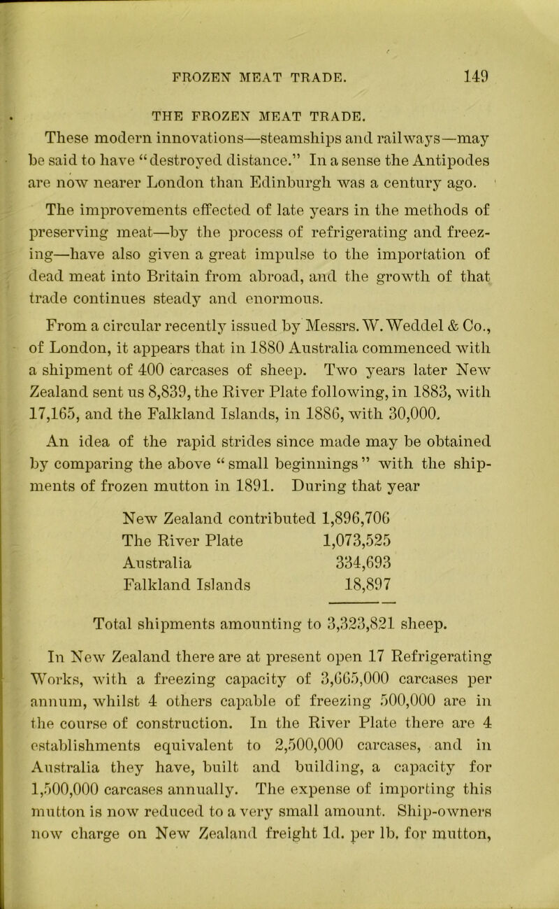 THE FROZEN MEAT TRADE. These modern innovations—steamships and railways—may he said to have “destroyed distance.” In a sense the Antipodes are now nearer London than Edinburgh was a century ago. The improvements effected of late years in the methods of preserving meat—by the process of refrigerating and freez- ing—have also given a great impulse to the importation of dead meat into Britain from abroad, and the growth of that trade continues steady and enormous. From a circular recently issued by Messrs. W. Weddel & Co., of London, it appears that in 1880 Australia commenced with a shipment of 400 carcases of sheep. Two years later New Zealand sent us 8,839, the River Plate following, in 1883, with 17,165, and the Falkland Islands, in 1886, with 30,000. An idea of the rapid strides since made may be obtained by comparing the above “ small beginnings ” with the ship- ments of frozen mutton in 1891. During that year Total shipments amounting to 3,323,821 sheep. In New Zealand there are at present open 17 Refrigerating Works, with a freezing capacity of 3,665,000 carcases per annum, whilst 4 others capable of freezing 500,000 are in the course of construction. In the River Plate there are 4 establishments equivalent to 2,500,000 carcases, and in Australia they have, built and building, a capacity for 1,500,000 carcases annually. The expense of importing this mutton is now reduced to a very small amount. Ship-owners now charge on New Zealand freight Id. per lb, for mutton, New Zealand contributed 1,896,706 The River Plate Australia Falkland Islands 1,073,525 334,693 18,897