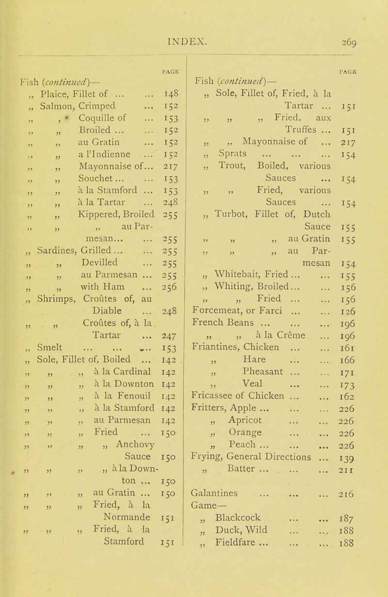 PAGE TAGE Fish (continued)— Fish (continued)— •9 Plaice, Fillet of ... 148 „ Sole, Fillet of, Fried, a la 99 Salmon, Crimped 152 Tartar ... 15r 99 • 9 Coquille of i53 „ „ „ Fried, aux 99 99 Broiled ... 152 Truffes ... 151 99 99 au Gratin 152 „ „ Mayonnaise of 217 : 9 99 al’Indienne 152 ,, Sprats 154 99 99 Mayonnaise of... 217 „ Trout, Boiled, various 99 99 Souchet... i53 Sauces 154 99 99 a la Stamford ... i53 „ ,, Fried, various 99 99 a la Tartar 248 Sauces 154 99 99 Kippered, Broiled 255 „ Turbot, Fillet of, Dutch *9 99 „ au Par- Sauce 155 mesan 255 ,, „ „ au Gratin 155 99 Sardines, Grilled... 255 „ „ „ au Par- 99 99 Devilled 255 mesan J54 99 99 au Parmesan ... 255 „ Whitebait, Fried ... 155 99 99 with Ham 2q6 „ Whiting, Broiled 156 99 Shrimps, Croutes of, au „ Fried 156 Diable 248 Forcemeat, or Farci ... 126 99 99 Croutes of, h la French Beans 196 Tartar 247 „ „ h la Creme 196 99 Smelt ... ... *. .. 153 Friantines, Chicken 161 99 Sole, Fillet of, Boiled ... 142 „ Hare 166 99 99 „ h la Cardinal 142 „ Pheasant ... 171 99 99 „ h la Downton 142 „ Veal 173 99 99 „ k la Fenouil 142 Fricassee of Chicken 162 99 99 „ a la Stamford 142 Fritters, Apple ... 226 99 99 „ au Parmesan 142 „ Apricot 226 99 99 „ Fried 150 „ Orange 226 99 99 „ „ Anchovy „ Peach ... 226 Sauce 150 Frying, General Directions ... 139 99 99 „ „ k la Down- „ Batter 211 ton ... 150 99 99 „ au Gratin ... 150 Galantines 2t6 99 99 „ Fried, h la Game— Normande J5i „ Blackcock 187 99 99 „ Fried, k la „ Duck, Wild 1S8 Stamford 151 „ Fieldfare 188