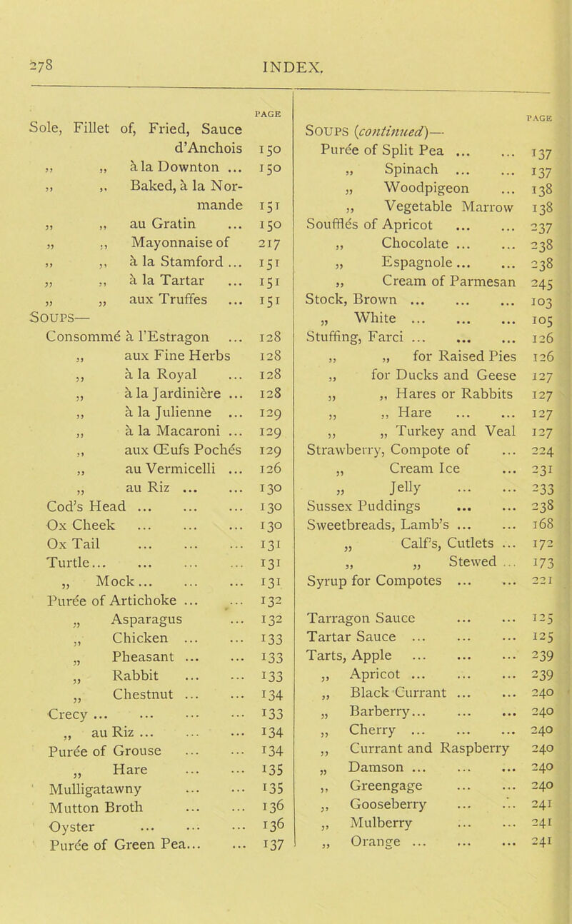 PAGE PAGE Sole, Fillet of, Fried, Sauce Soups (continued)— d’Anchois 150 Puree of Split Pea 137 55 5 5 alaDownton ... 150 „ Spinach 137 55 5* Baked, a la N or- „ Woodpigeon 138 mande T5T „ Vegetable Marrow 138 55 >5 au Gratin 150 Souffles of Apricot 237 55 5 5 Mayonnaise of 217 ,, Chocolate 238 5> 5 5 k la Stamford ... 151 „ Espagnole 238 55 55 a la Tartar 151 „ Cream of Parmesan 245 55 55 aux Truffes 151 Stock, Brown 103 Soups— „ White 105 Consomme a l’Estragon 128 Stuffing, Farci 126 5 5 aux Fine Herbs 128 „ „ for Raised Pies 126 55 a la Royal 128 „ for Ducks and Geese 127 55 k la Jardiniere ... 128 „ „ Hares or Rabbits 127 55 a la Julienne 129 ,, „ Haie ... ... 127 55 a la Macaroni ... 129 ,, „ Turkey and Veal 127 ? » aux CEufs Pochds 129 Strawberry, Compote of 224 55 au Vermicelli ... 126 „ Cream Ice 231 55 au Riz ... 130 » Jelly 233 Cod’s Head ... 130 Sussex Puddings 238 Ox Cheek 130 Sweetbreads, Lamb’s 168 Ox Tail ... ... ... 131 „ Calf’s, Cutlets ... 172 Turtle... ... ... 131 „ „ Stewed ... 173 „ Mock... 131 Syrup for Compotes 221 Puree of Artichoke ... 132 55 Asparagus 132 Tarragon Sauce 125 55 Chicken i33 Tartar Sauce 125 55 Pheasant ... i33 Tarts, Apple 239 55 Rabbit 133 ,, Apricot ... 239 55 Chestnut ... i34 „ Black currant ... 240 Crecy ... ... i33 „ Barberry 240 » au Riz ... i34 „ Cherry 240 Puree of Grouse i34 „ Currant and Raspberry 240 55 Hare i35 „ Damson 240 Mulligatawny i35 „ Greengage 240 Mutton Broth 136 ,, Gooseberry 241 Oyster ... 136 „ Mulberry 241 Purde of Green Pea i37 „ Orange ... 241