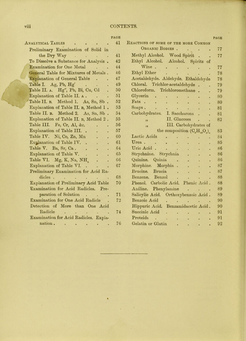 PAGE Analytical Tables . . . .41 * Preliminary Examination of Solid in the Dry Way .... 41 To Dissolve a Substance for Analysis . 42 Examination for One Metal . . 44 General Table for Mixtures of Metals . 46 Explanation of General Table . . 47 Table I. Ag, Pb, Hg' . . .49 Table II. a. Hg, Pb, Bi, Cu, Cd . 50 Explanation of Table II. a . . . 51 Table II. b. Method 1. As, Sn, Sb . 52 Explanation of Table II. b, Method 1 . 53 Table II. b. Method 2. As, Sn, Sb . 54 Explanation of Table II. b, Method 2 . 55 Table III. Ee, Cr, Al, &c. . . 56 Explanation of Table III. ... 57 Table IV. Ni, Co, Zn, Mn . . 60 Explanation of Table IV. . . .61 Table V. Ba, Sr, Ca . . . . 64 Explanation of Table V. . .65 Table VI. Mg, K, Na, NH4 . .66 Explanation of Table VI. . . . 67 Preliminary Examination for Acid Ra- dicles ...... 68 Explanation of Preliminary Acid Table 70 Examination for Acid Radicles. Pre- paration of Solution . . .71 Examination for One Acid Radicle . 72 Detection of More than One Acid Radicle . . . . .74 Examination for Acid Radicles. Expla- nation . . . . . .76 PAGE Reactions of some of the more Common Organic Bodies .... 77 Methyl Alcohol. Wood Spirit . . 77 Ethyl Alcohol. Alcohol. Spirits of Wine 77 Ethyl Ether ..... 78 Acetaldehyde. Aldehyde. Ethaldehyde 78 Chloral. Trichlor-acetaldehyde . . 79 Chloroform. Trichloromethane . . 79 Glycerin 80 Eats 80 Soaps 81 Carbohydrates. I. Saccharons . . 81 ,, II. Glucoses . . 82 ,, III. Carbohydrates of the composition (C6H]0O5);i 83 Lactic Acids ..... 84 Urea ....... 85 Uric Acid . . . . . .86 Strychnine. Strychnia ... 86 Quinine. Quinia . . . .86 Morphine. Morphia . . . . S7 Brucine. Brucia .... 87 Benzene. Benzol .... 88 Phenol. Carbolic Acid. Phenic Acid . 88 Aniline. Phenylamine ... 89 Salicylic Acid. Orthoxybenzoic Acid . 89 Benzoic Acid ..... 90 Hippuric Acid. Benzamidacetic Acid . 90 Succinic Acid . . . . .91 Proteids . . . . . .91 Gelatin or Glutin .... 92