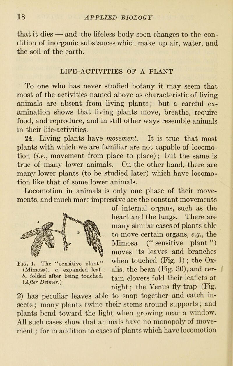 that it dies — and the lifeless body soon changes to the con- dition of inorganic substances which make up air, water, and the soil of the earth. LIFE-ACTIVITIES OF A PLANT To one who has never studied botany it may seem that most of the activities named above as characteristic of living animals are absent from living plants; but a careful ex- amination shows that living plants move, breathe, require food, and reproduce, and in still other ways resemble animals in their life-activities. 24. Living plants have movement. It is true that most plants with which we are familiar are not capable of locomo- tion (f.e., movement from place to place); but the same is true of many lower animals. On the other hand, there are many lower plants (to be studied later) which have locomo- tion like that of some lower animals. Locomotion in animals is only one phase of their move- ments, and much more impressive are the constant movements of internal organs, such as the heart and the lungs. There are many similar cases of plants able to move certain organs, e.g., the Mimosa (“ sensitive plant moves its leaves and branches when touched (Fig. 1); the Ox- alis, the bean (Fig. 30), and cer- tain clovers fold their leaflets at night; the Venus fly-trap (Fig. Fig. 1. The “sensitive plant” (Mimosa), a, expanded leaf; 6, folded after being touched. {After Detmer.) 2) has peculiar leaves able to snap together and catch in- sects ; many plants twine their stems around supports; and plants bend toward the light when growing near a window. All such cases show that animals have no monopoly of move- ment ; for in addition to cases of plants which have locomotion