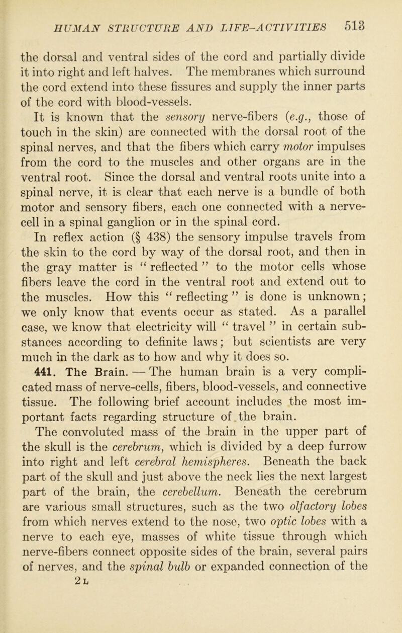 the dorsal and ventral sides of the cord and partially divide it into right and left halves. The membranes which surround the cord extend into these fissures and supply the inner parts of the cord with blood-vessels. It is known that the sensory nerve-fibers (c.g., those of touch in the skin) are connected with the dorsal root of the spinal nerves, and that the fibers which carry motor impulses from the cord to the muscles and other organs are in the ventral root. Since the dorsal and ventral roots unite into a spinal nerve, it is clear that each nerve is a bundle of both motor and sensory fibers, each one connected with a nerve- cell in a spinal ganglion or in the spinal cord. In reflex action (§ 438) the sensory impulse travels from the skin to the cord by way of the dorsal root, and then in the gray matter is ‘‘ reflected ” to the motor cells whose fibers leave the cord in the ventral root and extend out to the muscles. How this ‘‘ reflecting ” is done is unknown; w^e only know that events occur as stated. As a parallel case, we know that electricity will travel ’’ in certain sub- stances according to definite laws; but scientists are very much in the dark as to how and why it does so. 441. The Brain. — The human brain is a very compli- cated mass of nerve-cells, fibers, blood-vessels, and connective tissue. The following brief account includes the most im- portant facts regarding structure of.the brain. The convoluted mass of the brain in the upper part of the skull is the cerebrum, which is divided by a deep furrow into right and left cerebral hemispheres. Beneath the back part of the skull and just above the neck lies the next largest part of the brain, the cerebellum. Beneath the cerebrum are various small structures, such as the two olfactory lobes from which nerves extend to the nose, two optic lobes with a nerve to each eye, masses of white tissue through which nerve-fibers connect opposite sides of the brain, several pairs of nerves, and the spinal bulb or expanded connection of the 2h