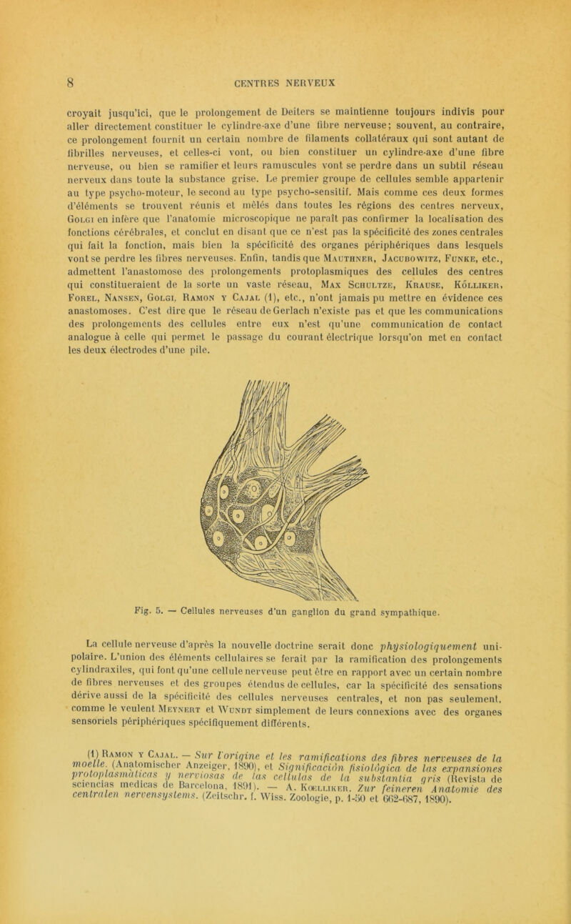 croyait jusqu’ici, que le prolongement de Deiters se maintienne toujours indivis pour aller directement constituer le cylindre-axe d’une libre nerveuse; souvent, au contraire, ce prolongement fournit un certain nombre de filaments collatéraux qui sont autant de fibrilles nerveuses, et celles-ci vont, ou bien constituer un cylindre-axe d’une fibre nerveuse, ou bien se ramifier et leurs minuscules vont se perdre dans un subtil réseau nerveux dans toute la substance grise. Le premier groupe de cellules semble appartenir au type psycho-moteur, le second au type psycho-sensitif. Mais comme ces deux formes d’éléments se trouvent réunis et mêlés dans toutes les régions des centres nerveux, Golgi en infère que l'anatomie microscopique ne paraît pas confirmer la localisation des fonctions cérébrales, et conclut en disant que ce n’est pas la spécificité des zones centrales qui fait la fonction, mais bien la spécificité des organes périphériques dans lesquels vont se perdre les fibres nerveuses. Enfin, tandis que Mauthner, Jacubowitz, Fünke, etc., admettent l’anastomose des prolongements protoplasmiques des cellules des centres qui constitueraient de la sorte un vaste réseau, Max Sciiultze, Krause, Kôlliker, Forel, Nansen, Golgi, Ramon y Cajal (1 ), etc., n'ont jamais pu mettre en évidence ces anastomoses. C’est dire que le réseau deGerlach n’existe pas et que les communications des prolongements des cellules entre eux n’est qu’une communication de contact analogue à celle qui permet le passage du courant électrique lorsqu’on met en contact les deux électrodes d’une pile. La cellule nerveuse d’après la nouvelle doctrine serait donc physiologiquement uni- polaire. L’union des éléments cellulaires se ferait par la ramification des prolongements eylindraxiles, qui fontqu une cellule nerveuse peut être en rapport avec un certain nombre de fibres nerveuses et des groupes étendus de cellules, car la spécificité des sensations dérive aussi de la spécificité des cellules nerveuses centrales, et non pas seulement, comme le veulent Meynert et Wundt simplement de leurs connexions avec des organes sensoriels périphériques spécifiquement différents. Fig. 5. — Cellules nerveuses d'un ganglion du grand sympathique.