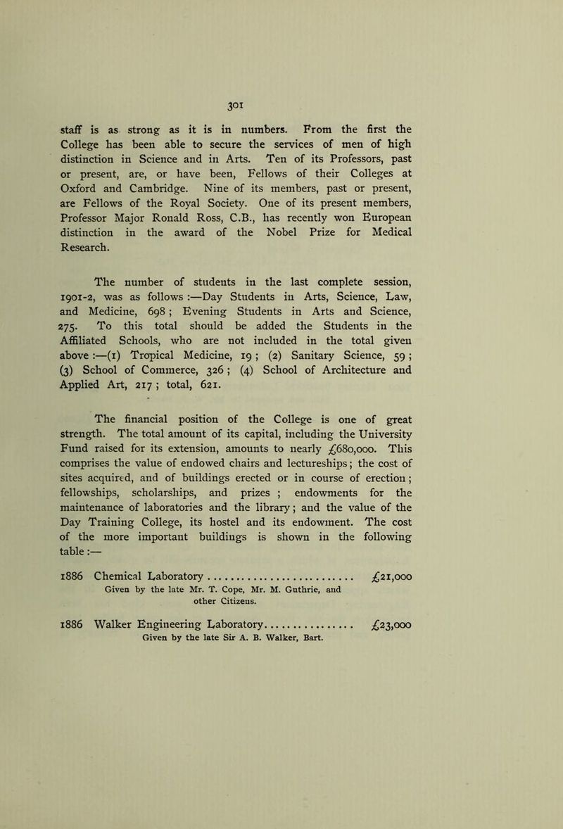 staff is as strong as it is in numbers. From the first the College has been able to secure the services of men of high distinction in Science and in Arts. Ten of its Professors, past or present, are, or have been. Fellows of their Colleges at Oxford and Cambridge. Nine of its members, past or present, are Fellows of the Royal Society. One of its present members. Professor Major Ronald Ross, C.B., has recently won European distinction in the award of the Nobel Prize for Medical Research. The number of students in the last complete session, 1901-2, was as follows :—Day Students in Arts, Science, Law, and Medicine, 698 ; Evening Students in Arts and Science, 275. To this total should be added the Students in the Affiliated Schools, who are not included in the total given above :—(i) Tropical Medicine, 19 ; (2) Sanitary Science, 59 ; (3) School of Commerce, 326 ; (4) School of Architecture and Applied Art, 217 ; total, 621. The financial position of the College is one of great strength. The total amount of its capital, including the University Fund raised for its extension, amounts to nearly ;^68o,ooo. This comprises the value of endowed chairs and lectureships; the cost of sites acquired, and of buildings erected or in course of erection; fellowships, scholarships, and prizes ; endowments for the maintenance of laboratories and the library; and the value of the Day Training College, its hostel and its endowment. The cost of the more important buildings is shown in the following table:— 1886 Chemical Laboratory ;^2i,ooo Given by the late Mr. T. Cope, Mr. M. Guthrie, and other Citizens. 1886 Walker Engineering Laboratory ;^23,ooo Given by the late Sir A. B. Walker, Bart.
