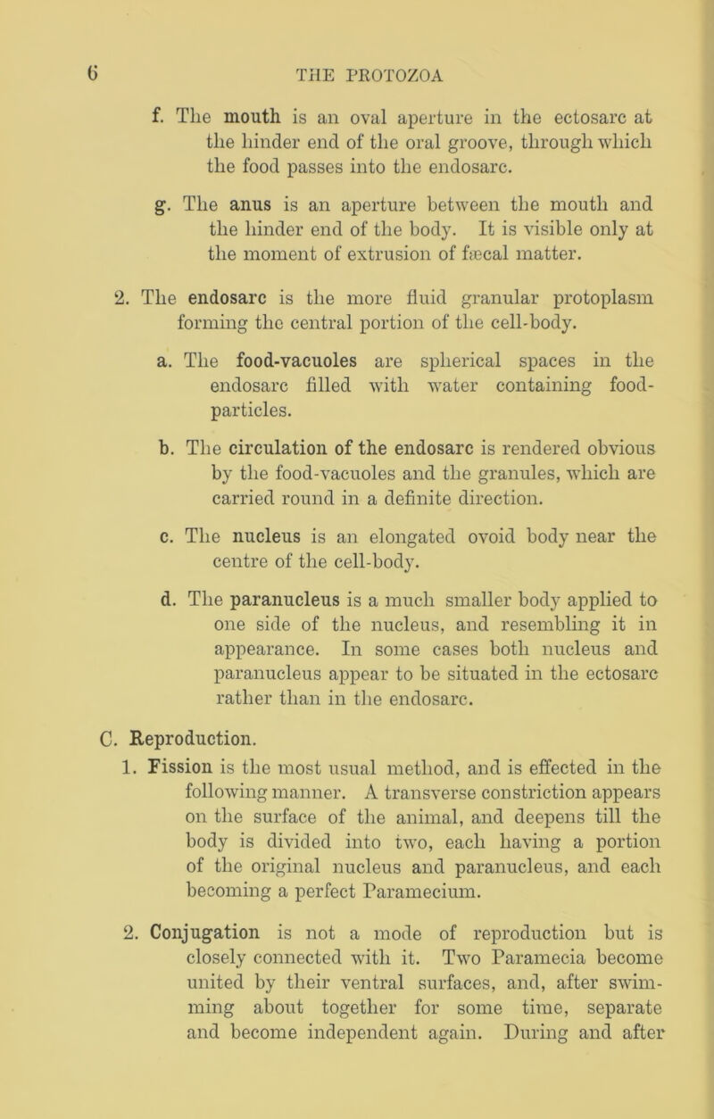 f. The mouth is an oval aperture in the ectosarc at the hinder end of the oral groove, through which the food passes into the endosarc. g. The anus is an aperture between the mouth and the hinder end of the body. It is visible only at the moment of extrusion of faecal matter. 2. The endosarc is the more fluid granular protoplasm forming the central portion of the cell-body. a. The food-vacuoles are spherical spaces in the endosarc filled with water containing food- particles. b. The circulation of the endosarc is rendered obvious by the food-vacuoles and the granules, which are carried round in a definite direction. c. The nucleus is an elongated ovoid body near the centre of the cell-body. d. The paranucleus is a much smaller body applied to one side of the nucleus, and resembling it in appearance. In some cases both nucleus and paranucleus appear to be situated in the ectosarc rather than in the endosarc. C. Reproduction. 1. Fission is the most usual method, and is effected in the following manner. A transverse constriction appears on the surface of the animal, and deepens till the body is divided into two, each having a portion of the original nucleus and paranucleus, and each becoming a perfect Paramecium. 2. Conjugation is not a mode of reproduction but is closely connected with it. Two Paramecia become united by their ventral surfaces, and, after swim- ming about together for some time, separate and become independent again. During and after