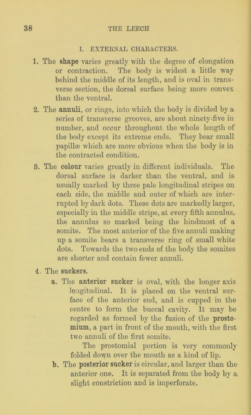 I. EXTERNAL CHARACTERS. 1. The shape varies greatly with the degree of elongation or contraction. The body is widest a little way behind the middle of its length, and is oval in trans- verse section, the dorsal surface being more convex than the ventral. 2. The annuli, or rings, into which the body is divided by a series of transverse grooves, are about ninety-five in number, and occur throughout the whole length of the body except its extreme ends. They bear small papilla which are more obvious when the body is in the contracted condition. 8. The colour varies greatly in different individuals. The dorsal surface is darker than the ventral, and is usually marked by three pale longitudinal stripes on each side, the middle and outer of which are inter- rupted by dark dots. These dots are markedly larger, especially in the middle stripe, at every fifth annulus, the annulus so marked being the hindmost of a somite. The most anterior of the five annuli making up a somite bears a transverse ring of small white dots. Towards the two ends of the body the somites are shorter and contain fewer annuli. 4. The suckers. a. The anterior sucker is oval, with the longer axis longitudinal. It is placed on the ventral sur- face of the anterior end, and is cupped in the centre to form the buccal cavity. It may be regarded as formed by the fusion of the prosto- mium, a part in front of the mouth, with the first two annuli of the first somite. The prostomial portion is very commonly folded down over the mouth as a kind of lip. b. The posterior sucker is circular, and larger than the anterior one. It is separated from the body by a slight constriction and is imperforate.