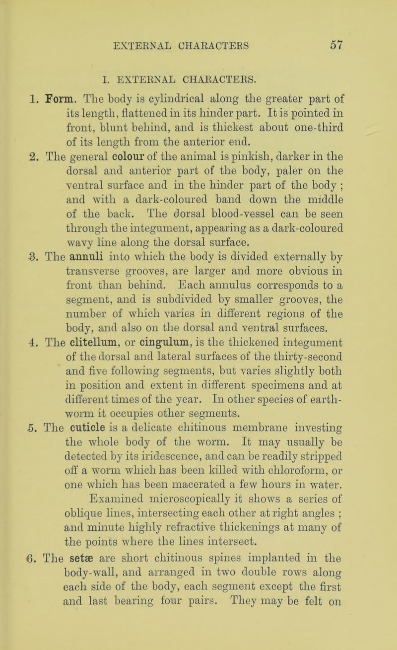 I. EXTERNAL CHARACTERS. 1. Form. The body is cylindrical along the greater part of its length, flattened in its hinder part. It is pointed in front, blunt behind, and is thickest about one-third of its length from the anterior end. 2. The general colour of the animal is pinkish, darker in the dorsal and anterior part of the body, paler on the ventral surface and in the hinder part of the body ; and with a dark-coloured band down the middle of the back. The dorsal blood-vessel can be seen through the integument, appearing as a dark-coloured wavy line along the dorsal surface. 3. The annuli into which the body is divided externally by transverse grooves, are larger and more obvious in front than behind. Each annulus corresponds to a segment, and is subdivided by smaller grooves, the number of which varies in different regions of the body, and also on the dorsal and ventral surfaces. 4. The clitellum, or cingulum, is the thickened integument of the dorsal and lateral surfaces of the thirty-second and five following segments, but varies slightly both in position and extent in different specimens and at different times of the year. In other species of earth- worm it occupies other segments. 5. The cuticle is a delicate cliitinous membrane investing the whole body of the worm. It may usually be detected by its iridescence, and can be readily stripped off a worm which has been killed with chloroform, or one which has been macerated a few hours in water. Examined microscopically it shows a series of oblique lines, intersecting each other at right angles ; and minute highly refractive thickenings at many of the points where the lines intersect. ■6. The setae are short cliitinous spines implanted in the body-wall, and arranged in two double roAvs along each side of the body, each segment except the first and last bearing four pairs. They may be felt on