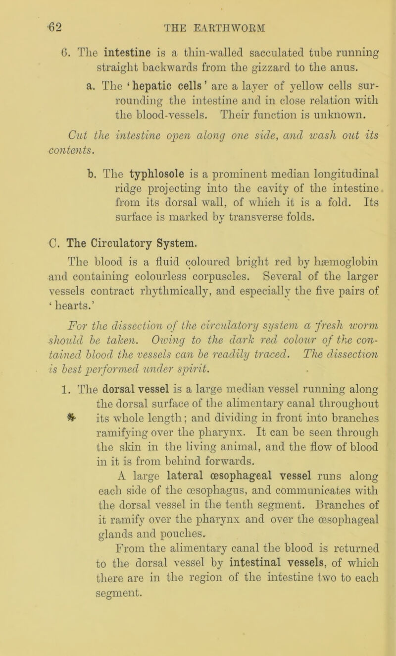 6. The intestine is a tliin-walled sacculated tube running straight backwards from the gizzard to the anus. a. The ‘ hepatic cells ’ are a layer of yellow cells sur- rounding the intestine and in close relation with the blood-vessels. Their function is unknown. Cut the intestine open along one side, and wash out its contents. b. The typhlosole is a prominent median longitudinal ridge projecting into the cavity of the intestine from its dorsal wall, of which it is a fold. Its surface is marked by transverse folds. C. The Circulatory System. The blood is a fluid coloured bright red by haemoglobin and containing colourless corpuscles. Several of the larger vessels contract rhythmically, and especially the five pairs of ‘ hearts.’ For the dissection of the circulatory system a fresh worm should he taken. Owing to the dark red colour of the con- tained Mood the vessels can be readily traced. The dissection is best performed under spirit. 1. The dorsal vessel is a large median vessel running along the dorsal surface of the alimentary canal throughout its whole length; and dividing in front into branches ramifying over the pharynx. It can be seen through the skin in the living animal, and the flow of blood in it is from behind forwards. A large lateral oesophageal vessel runs along each side of the oesophagus, and communicates with the dorsal vessel in the tenth segment. Branches of it ramify over the pharynx and over the oesophageal glands and pouches. From the alimentary canal the blood is returned to the dorsal vessel by intestinal vessels, of which there are in the region of the intestine two to each segment.