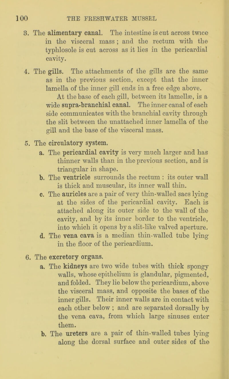 8. The alimentary canal. The intestine is cut across twice in the visceral mass ; and the rectum with the typlilosole is cut across as it lies in the pericardial cavity. 4. The gills. The attachments of the gills are the same as in the previous section, except that the inner lamella of the inner gill ends in a free edge above. At the base of each gill, between its lamellae, is a wide supra-branchial canal. The inner canal of each side communicates with the branchial cavity through the slit between the unattached inner lamella of the gill and the base of the visceral mass. 5. The circulatory system. a. The pericardial cavity is very much larger and has thinner walls than in the previous section, and is triangular in shape. b. The ventricle surrounds the rectum : its outer wall is thick and muscular, its inner wall thin. c. The auricles are a pair of very thin-walled sacs lying at the sides of the pericardial cavity. Each is attached along its outer side to the wall of the cavity, and by its inner border to the ventricle, into which it opens by a slit-like valved aperture. d. The vena cava is a median thin-walled tube lying in the floor of the pericardium. 6. The excretory organs. a. The kidneys are two wide tubes with thick spongy walls, whose epithelium is glandular, pigmented, and folded. They lie below the pericardium, above the visceral mass, and opposite the bases of the inner gills. Their inner walls are in contact with each other below ; and are separated dorsally by the vena cava, from which large sinuses enter them. b. The ureters are a pair of thin-walled tubes lying along the dorsal surface and outer sides of the