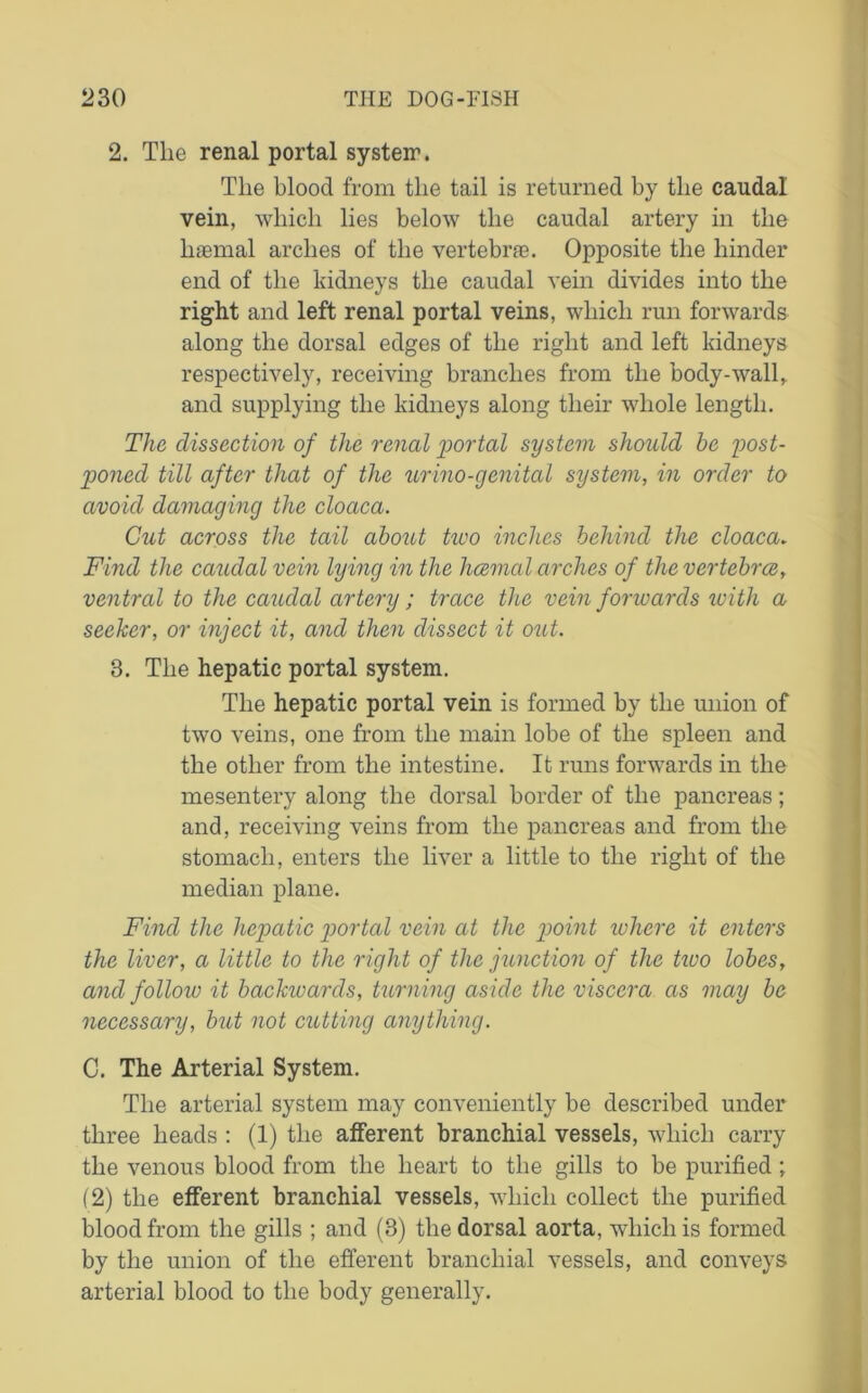 2. The renal portal systeir. The blood from the tail is returned by the caudal vein, which lies below the caudal artery in the haemal arches of the vertebrae. Opposite the hinder end of the kidneys the caudal vein divides into the right and left renal portal veins, which run forwards along the dorsal edges of the right and left kidneys respectively, receiving branches from the body-wall,, and supplying the kidneys along their whole length. The dissection of the renal portal system should he post- poned till after that of the urino-genital system, in order to avoid damaging the cloaca. Cut across the tail about two inches behind the cloaca. Find the caudal vein lying in the haemal arches of the vertebrae, ventral to the caudal artery; trace the vein forwards zuith a seeker, or inject it, and then dissect it out. 3. The hepatic portal system. The hepatic portal vein is formed by the union of two veins, one from the main lobe of the spleen and the other from the intestine. It runs forwards in the mesentery along the dorsal border of the pancreas; and, receiving veins from the pancreas and from the stomach, enters the liver a little to the right of the median plane. Find the hepatic portal vein at the point where it enters the liver, a little to the right of the junction of the two lobes, and follow it backwards, turning aside the viscera as may be necessary, but not cutting anything. G. The Arterial System. The arterial system may conveniently be described under three heads : (1) the afferent branchial vessels, which carry the venous blood from the heart to the gills to be purified; (2) the efferent branchial vessels, which collect the purified blood from the gills ; and (3) the dorsal aorta, which is formed by the union of the efferent branchial vessels, and conveys arterial blood to the body generally.
