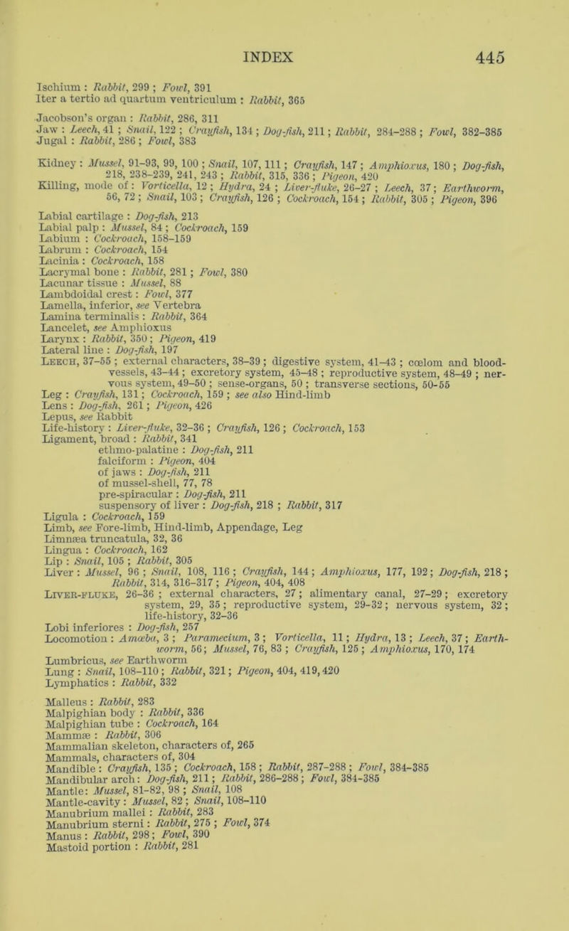 Ischium : Rabbit, 299 ; Fowl, 391 Iter a tertio ad quartum ventriculum : Rabbit, 365 Jacobson’s organ : Rabbit, 286, 311 Jaw : Leech, A1 ; Snail, 122 ; Crayfish, 134 ; Do<j-fish, 211; Rabbit, 284-288 ; Fowl, 382-385 Jugal : Rabbit, 286 ; Fowl, 383 Kidney : Mussel, 91-93, 99, 100 ; Snail, 107, 111; Crayfish, 147 ; Amphioxus, 180 ; Dog-fish, 218, 238-239, 241, 243 ; Rabbit, 315, 336 ; Pigeon, 420 Killing, mode of : Vorticella, 12 ; Hydra, 24 ; Liver-fluke, 26-27 ; Leech, 37; Earthworm, 56, 72 ; Snail, 103 ; Crayfish, 126 ; Cockroach, 154 ; Rabbit, 305 ; Pigeon, 396 Labial cartilage : Dog-fish, 213 Labial palp : Mussel, 84 ; Cockroach, 159 Labium : Cockroach, 158-159 Labrum : Cockroach, 154 Lacinia: Cockroach, 158 Lacrymal bone : Rabbit, 281; Fowl, 380 Lacunar tissue : Mussel, 88 Lambdoidal crest: Fowl, 377 Lamella, inferior, see Vertebra Lamina terminalis : Rabbit, 364 Lancelet, see Amphioxus Larynx : Rabbit, 350; Pigeon, 419 Lateral line : Dog-fish, 197 Leech, 37-55 ; external characters, 38-39 ; digestive system, 41-43 ; ccelom and blood- vessels, 43-44; excretory system, 45-48 ; reproductive system, 48-49 ; ner- vous system, 49-50 ; sense-organs, 50 ; transverse sections, 50-55 Leg : Crayfish, 131; Cockroach, 159 ; see also Hind-limb Lens : Dog-fish, 261; Pigeon, 426 Lepus, see Rabbit Life-history : Liver-fluke, 32-36 ; Crayfish, 126 ; Cockroach, 153 Ligament, broad : Rabbit, 341 ethmo-palatine : Dog-fish, 211 falciform : Pigeon, 404 of jaws : Dog-fish, 211 of mussel-shell, 77, 78 pre-spiracular : Dog-fish, 211 suspensory of liver : Dog-fish, 218 ; Rabbit, 317 Ligula : Cockroach, 159 Limb, see Fore-limb, Hind-limb, Appendage, Leg Limntea truncatula, 32, 36 Lingua : Cockroach, 162 Lip : Snail, 105 ; Rabbit, 305 Liver : Mussel, 96 ; Snail, 108, 116 ; Crayfish, 144; Amphioxus, 177, 192; Dog-fish, 218 ; Rabbit, 314, 316-317 ; Pigeon, 404, 408 Liver-fluke, 26-36 ; external characters, 27; alimentary canal, 27-29; excretory system, 29, 35 ; reproductive system, 29-32; nervous system, 32 ; life-history, 32-36 Lobi inferiores : Dog-fish, 257 Locomotion : Amoeba, 3 ; Paramecium, 3 ; Vorticella, 11; Hydra, 13 ; Leech, 37; Earth- worm, 56; Mussel, 76, 83 ; Crayfish, 125 ; Amphioxus, 170, 174 Lumbricus, see Earthworm Lung : Snail, 108-110 ; Rabbit, 321; Pigeon, 404, 419,420 Lymphatics : Rabbit, 332 Malleus : Rabbit, 283 Malpighian body : Rabbit, 336 Malpighian tube : Cockroach, 164 Mammae : Rabbit, 306 Mammalian skeleton, characters of, 265 Mammals, characters of, 304 Mandible : Crayfish, 135 ; Cockroach, 158 ; Rabbit, 287-288 ; Fowl, 384-385 Mandibular arch: Dog-fish, 211; Rabbit, 286-288; Foul, 384-385 Mantle: Mussel, 81-82, 98 ; Snail, 108 Mantle-cavity : Mussel, 82 ; Snail, 108-110 Manubrium mallei : Rabbit, 283 Manubrium sterni: Rabbit, 275 ; Fowl, 374 Manus : Rabbit, 298; Fowl, 390 Mastoid portion : Rabbit, 281