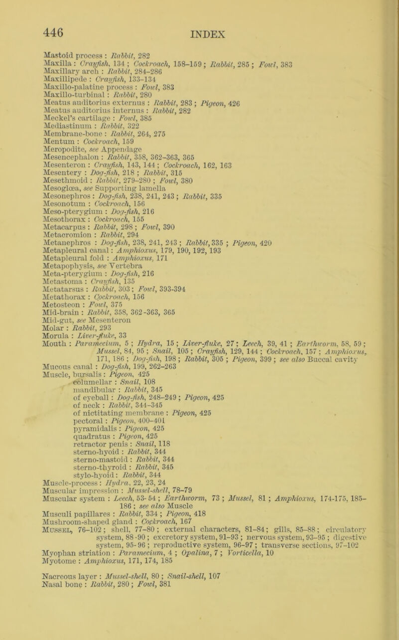 Mastoid process : Rabbit, 282 Maxilla : Crayfish, 134 ; Cockroach, 158-159 ; Rabbit, 285 ; Foul, 383 Maxillary arch : Rabbit, 284-286 Maxillipede : Crayfish, 133-134 Maxillo-palatine process : Fowl, 383 Maxillo-turbinal: Rabbit, 280 Meatus auditorius externus : Rabbit, 283 ; Pigeon, 426 Meatus auditorius interims : Rabbit, 282 Meckel’s cartilage : Fowl, 385 Mediastinum : Rabbit, 322 Membrane-bone : Rabbit, 264, 275 Mentum : Cockroach, 159 Meropodite, see Appendage Mesencephalon : Rabbit, 358, 362-363, 365 Mesenterou : Crayfish, 143, 144; Cockroach, 162, 163 Mesentery : Dog-fish, 218 ; Rabbit, 315 Mesethmoid : Rabbit, 279-280 ; Fowl, 380 Mesoglcea, see Supporting lamella Mesonephros : Dog-fish, 238, 241, 243 ; Rabbit, 335 Mesonotum : Cockroach, 156 Meso-pterygium : Dog-fish, 216 Mesothorax : Cockroach, 155 Metacarpus : Rabbit, 298 ; Fowl, 390 Metacromion : Rabbit, 294 Metanephros : Dog-fish, 238, 241, 243 ; Rabbit, 335 ; Pigeon, 420 Metapleural canal: Amphioxus, 179, 190,192, 193 Metapleural fold : Amphioxus, 171 Metapophysis, see Yertebra Meta-pterygium : Dog-fish, 216 Metastoma : Crayfish, 135 Metatarsus : Rabbit, 303; Fowl, 393-394 Metathorax : Cockroach, 156 Metosteon : Fowl, 375 Mid-brain : Rabbit, 358, 362-363, 365 Miil-gut, see Mesenterou Molar : Rabbit, 293 Morula : Liver-fluke, 33 Mouth : Paramecium, 5 ; Hydra, 15 ; Liver-fluke, 27; Leech, 39, 41 ; Earthworm, 58, 59; Mussel, 84, 95 ; Snail, 105 ; Crayfish, 129, 144 ; Cockroach, 157 ; Amphioxus. 171,186 ; Dog-fish, 198 ; Rabbit, 305 ; Pigeon, 399 ; see also Buccal cavity Mucous canal : Dog-fish, 199, 262-263 Muscle, bursalis: Pigeon, 425 eolumellar : Snail, 108 mandibular : Rabbit, 345 of eyeball : Dog-fish, 248-249 ; Pigeon, 425 of neck : Rabbit, 344-345 of nictitating membrane : Pigeon, 425 pectoral: Pigeon, 400-401 pyramidalis: Pigeon, 425 quadratus : Pigeon, 425 retractor penis : Snail, 118 sterno-hyoid : Rabbit, 344 sterno-mastoid: Rabbit, 344 sterno-thyroid : Rabbit, 345 stylo-hyoid: Rabbit, 344 Muscle-process: Hydra. 22, 23, 24 Muscular impression : Mussel-shell, 78-79 Muscular system : Leech, 53-54; Earthworm, 73 ; Mussel, 81 ; Amphioxus, 174-175, 185- 186 ; see also Muscle Musculi papillares : Rabbit, 334 ; Pigeon, 418 Mushroom-shaped gland : Cockroach, 167 Mussel, 76-102; shell, 77-80 ; external characters, 81-84; gills, 85-88; circulatory system, 88-90; excretory system, 91-93 ; nervous system, 93-95 ; digestive- system, 95-96 ; reproductive system, 96-97; transverse sections, 97-102 Myophan striation : Paramecium, 4 ; Opalina, 7 ; Vorticella, 10 Myotome : Amphioxus, 171,174, 185 Nacreous layer : Mussel-shell, 80 ; Snail-shell, 107 Nasal bone : Rabbit, 280 ; Fowl, 381