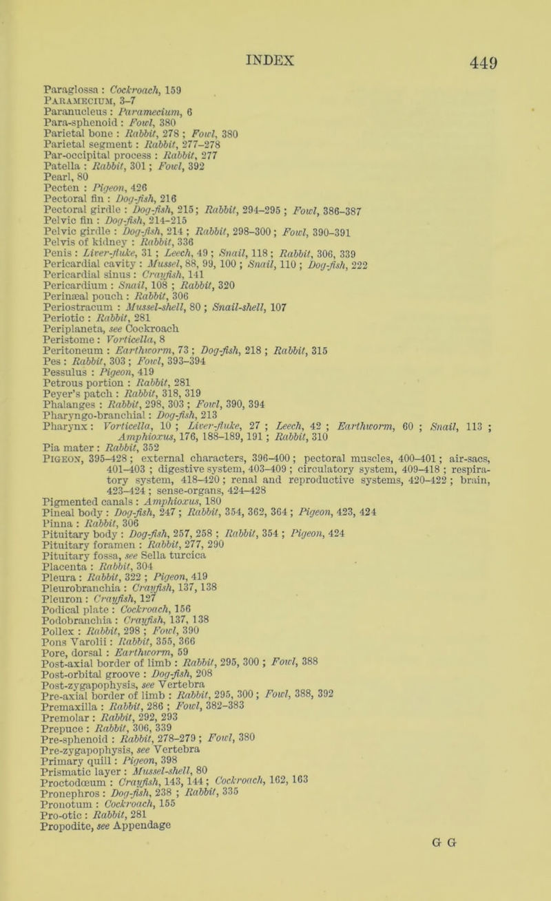 Paraglossa : Cockroach, 159 Paramecium, 3-7 Paranucleus: Paramecium, 6 Para-sphenoid: Fowl, 380 Parietal bone : Rabbit, 278 ; Fowl, 380 Parietal segment : Rabbit, 277-278 Par-occipital process : Rabbit, 277 Patella : Rabbit, 301; Fowl, 392 Pearl, 80 Pecten : Pigeon, 426 Pectoral fin : Doggish, 216 Pectoral girdle : Dog-fish, 215; Rabbit, 294-295 ; Fowl, 386-387 Pelvic fin : Dog-fish, 214-215 Pelvic girdle : Dog-fish, 214 ; Rabbit, 298-300; Fowl, 390-391 Pelvis of kidney : Rabbit, 336 Penis : Liver-fluke, 31 ; Leech, 49 ; Snail, 118 ; Rabbit, 306, 339 Pericardial cavity : Mussel, 88, 99, 100 ; Snail, 110 ; Dog-fish, 222 Pericardial sinus : Crayfish, 141 Pericardium : Snail, 108 ; Rabbit, 320 Perinseal pouch : Rabbit, 306 Periostracum : Mussel-shell, 80 ; Snail-shell, 107 Periotic : Rabbit, 281 Periplaneta, see Cockroach Peristome : Vorticella, 8 Peritoneum : Earthworm, 73 ; Dog-fish, 218 ; Rabbit, 315 Pes : Rabbit, 303 ; Fowl, 393-394 Pessulus : Pigeon, 419 Petrous portion : Rabbit, 281 Peyer’s patch : Rabbit, 318, 319 Phalanges : Rabbit, 298, 303 ; Fowl, 390, 394 Pharyngo-branchial: Dog-fish, 213 Pharynx: Vorticella, 10 ; Liver-fluke, 27 ; Leech, 42 ; Earthworm, 60 ; Snail, 113 ; Amphioxus, 176, 188-189, 191 ; Rabbit, 310 Pia mater : Rabbit, 352 Pigeon, 395-428 ; external characters, 396-400 ; pectoral muscles, 400-401; air-sacs, 401-403 ; digestive system, 403-409 ; circulatory system, 409-418 ; respira- tory system, 418-420; renal and reproductive systems, 420-422 ; brain, 423-424; sense-organs, 424-428 Pigmented canals : Amphioxus, 180 Pineal body : Dog-fish, 247 ; Rabbit, 354, 362, 364 ; Pigeon, 423, 424 Pinna : Rabbit, 306 Pituitary body : Dog-fish, 257, 258 ; Rabbit, 354 ; Pigeon, 424 Pituitary foramen : Rabbit, 277, 290 Pituitary fossa, see Sella turcica Placenta : Rabbit, 304 Pleura : Rabbit, 322 ; Pigeon, 419 Pleurobranchia : Crayfish, 137, 138 Pleuron: Crayfish, 127 Podical plate : Cockroach, 156 Podobranchia : Crayfish, 137, 138 Pollex : Rabbit, 298 ; Fowl, 390 Pons Varolii: Rabbit, 355, 366 Pore, dorsal : Earthworm, 59 Post-axial border of limb : Rabbit, 295, 300 ; Fowl, 388 Post-orbital groove : Dog-fish, 208 Post-zygapophysis, see Vertebra Pre-axial border of limb : Rabbit, 295, 300 ; Fowl, 388, 392 Premaxilla : Rabbit, 286 ; Fowl, 382-383 Premolar : Rabbit, 292, 293 Prepuce : Rabbit, 306, 339 Pre-sphenoid : Rabbit, 278-279 ; Fowl, 380 Pre-zygapophysis, see Vertebra Primary quill: Pigeon, 398 Prismatic layer : Mussel-shell, 80 Proctodceum : Crayfish, 143, 144; Cockroach, 162,163 Pronephros : Dog-fish, 238 ; Rabbit, 335 Prouotum : Cockroach, 155 Pro-otic : Rabbit, 281 Propodite, see Appendage G G