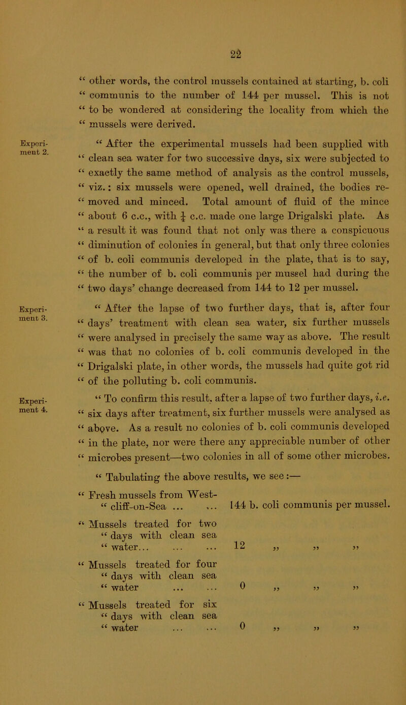 2^ Expori- meiit 2. Experi- ment 3. Experi- ment 4. “ other words, the control mussels contained at starting, b. coli “ communis to the number of 144 per mussel. This is not “ to be wondered at considering the locality from which the “ mussels were derived. “ After the experimental mussels had been supplied with “ clean sea water for two successive days, six were subjected to “ exactly the same method of analysis as the control mussels, “ viz.: six mussels were opened, well drained, the bodies re- “ moved, and minced. Total amount of fluid of the mince “ about 6 C.C., with J c.c. made one large Drigalski plate. As “ a result it was found that not only was there a conspicuous “ diminution of colonies in general, but that only three colonies of b. coli communis developed in the plate, that is to say, “ the number of b. coli communis per mussel had during the “ two days’ change decreased from 144 to 12 per mussel. “ After the lapse of two further days, that is, after four “ days’ treatment with clean sea water, six further mussels “ were analysed in precisely the same way as above. The result “ was that no colonies of b. coli communis developed in the Drigalslii plate, in other words, the mussels had quite got rid “ of the polluting b. coli communis. “ To confirm this result, after a lapse of two further days, i.e. “ six days after treatment, six further mussels were analysed as “ abpve. As a result no colonies of b. coli communis developed “ in the plate, nor were there any appreciable number of other “ microbes present—two colonies in all of some other microbes. “ Tabulating the above results, we see:— Fresh mussels from West- cliff-on-Sea 144 b. coli communis per mussel. Mussels treated for two days with clean sea “ water... ... ... 12 ,, ,, “ Mussels treated for four “ days with clean sea “water ... ... 0 >> ” “ Mussels treated for six “ days with clean sea “ water ... ... 0 ,, „