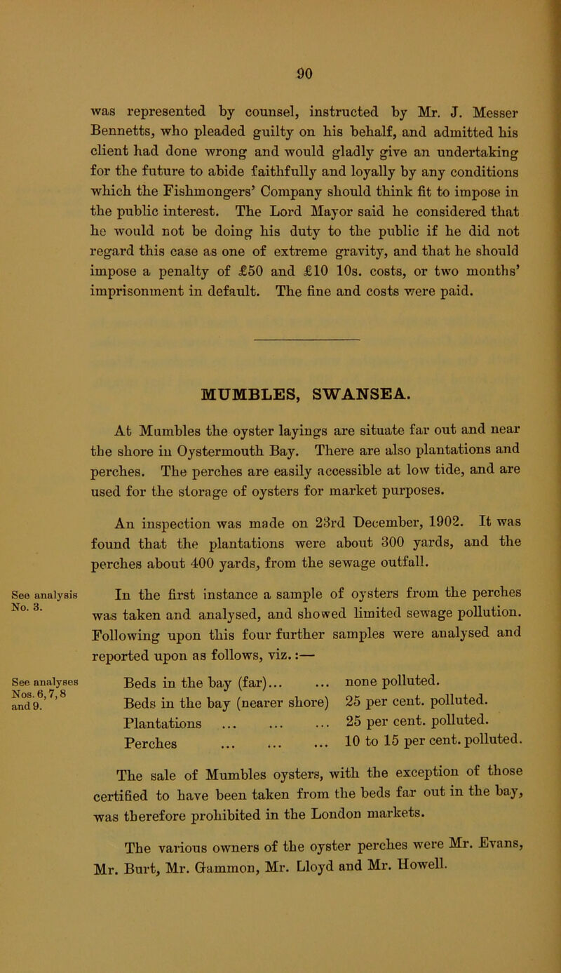 See analysis No. 3. See analyses Nos. 6,7,8 and 9. was represented by counsel, instructed by Mr. J. Messer Bennetts, who pleaded guilty on his behalf, and admitted his client had done wrong and would gladly give an undertaking for the future to abide faithfully and loyally by any conditions which the Fishmongers’ Company should think fit to impose in the public interest. The Lord Mayor said he considered that he would not be doing his duty to the public if he did not regard this case as one of extreme gravity, and that he should impose a penalty of £50 and £10 10s. costs, or two months’ imprisonment in default. The fine and costs were paid. MUMBLES, SWANSEA. At Mumbles the oyster layings are situate far out and near the shore in Oystermouth Bay. There are also plantations and perches. The perches are easily accessible at low tide, and are used for the storage of oysters for market purposes. An inspection was made on 23rd December, 1902. It was found that the plantations were about 300 yards, and the perches about 400 yards, from the sewage outfall. In the first instance a sample of oysters from the perches was taken and analysed, and showed limited sewage pollution. Following upon this four further samples were analysed and reported upon as follows, viz.:— Beds in the bay (far)... ... none polluted. Beds in the bay (nearer shore) 25 per cent, polluted. Plantations ... ... .. • 25 per cent, polluted. Perches ... ... ... 10 to 16 per cent, polluted. The sale of Mumbles oysters, with the exception of those certified to have been taken from the beds far out in the bay, was therefore prohibited in the London markets. The various owners of the oyster perches were Mr. Evans, Mr. Burt, Mr. Gammon, Mr. Lloyd and Mr. Howell.