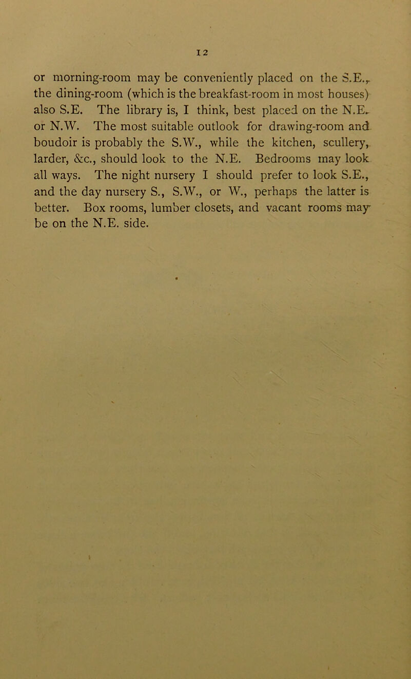 or morning-room may be conveniently placed on the S.E.^ the dining-room (which is the breakfast-room in most houses) also S.E. The library is, I think, best placed on the N.E^ or N.W. The most suitable outlook for drawing-room and boudoir is probably the S.W., while the kitchen, scullery, larder, &c., should look to the N.E. Bedrooms may look all ways. The night nursery I should prefer to look S.E., and the day nursery S,, S.W., or W., perhaps the latter is better. Box rooms, lumber closets, and vacant rooms may- be on the N.E. side.