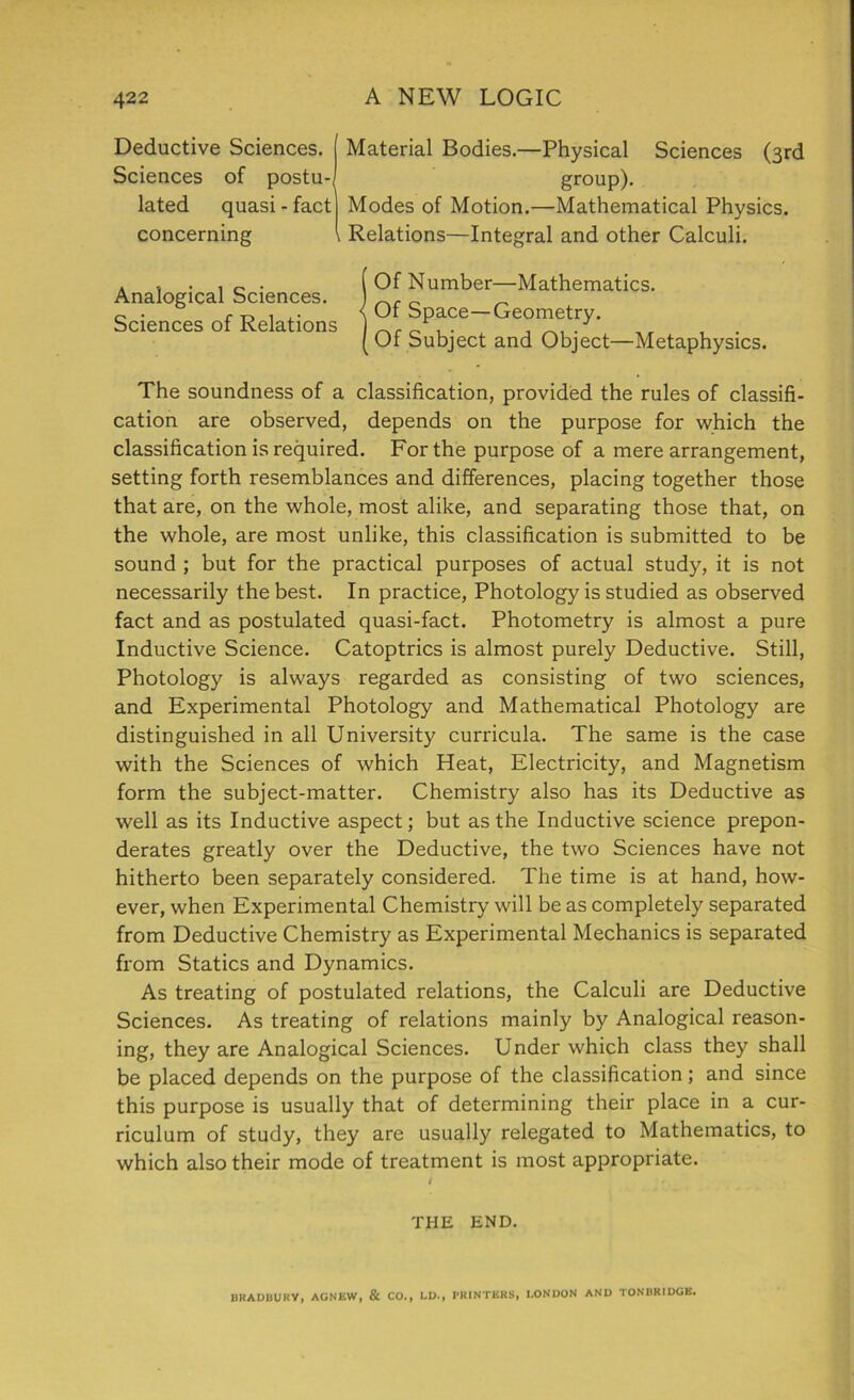 Deductive Sciences. Sciences of postu-, lated quasi - fact concerning Material Bodies.—Physical Sciences (3rd group). Modes of Motion.—Mathematical Physics. Relations—Integral and other Calculi. Analogical Sciences. Sciences of Relations Of Number—Mathematics. Of Space—Geometry. Of Subject and Object—Metaphysics. The soundness of a classification, provided the rules of classifi- cation are observed, depends on the purpose for which the classification is required. For the purpose of a mere arrangement, setting forth resemblances and differences, placing together those that are, on the whole, most alike, and separating those that, on the whole, are most unlike, this classification is submitted to be sound ; but for the practical purposes of actual study, it is not necessarily the best. In practice, Photology is studied as observed fact and as postulated quasi-fact. Photometry is almost a pure Inductive Science. Catoptrics is almost purely Deductive. Still, Photology is always regarded as consisting of two sciences, and Experimental Photology and Mathematical Photology are distinguished in all University curricula. The same is the case with the Sciences of which Heat, Electricity, and Magnetism form the subject-matter. Chemistry also has its Deductive as well as its Inductive aspect; but as the Inductive science prepon- derates greatly over the Deductive, the two Sciences have not hitherto been separately considered. The time is at hand, how- ever, when Experimental Chemistry will be as completely separated from Deductive Chemistry as Experimental Mechanics is separated from Statics and Dynamics. As treating of postulated relations, the Calculi are Deductive Sciences. As treating of relations mainly by Analogical reason- ing, they are Analogical Sciences. Under which class they shall be placed depends on the purpose of the classification; and since this purpose is usually that of determining their place in a cur- riculum of study, they are usually relegated to Mathematics, to which also their mode of treatment is most appropriate. THE END. BRADBURY, AGNEW, & CO., LD., PRINTERS, LONDON AND TONBRIDGE.