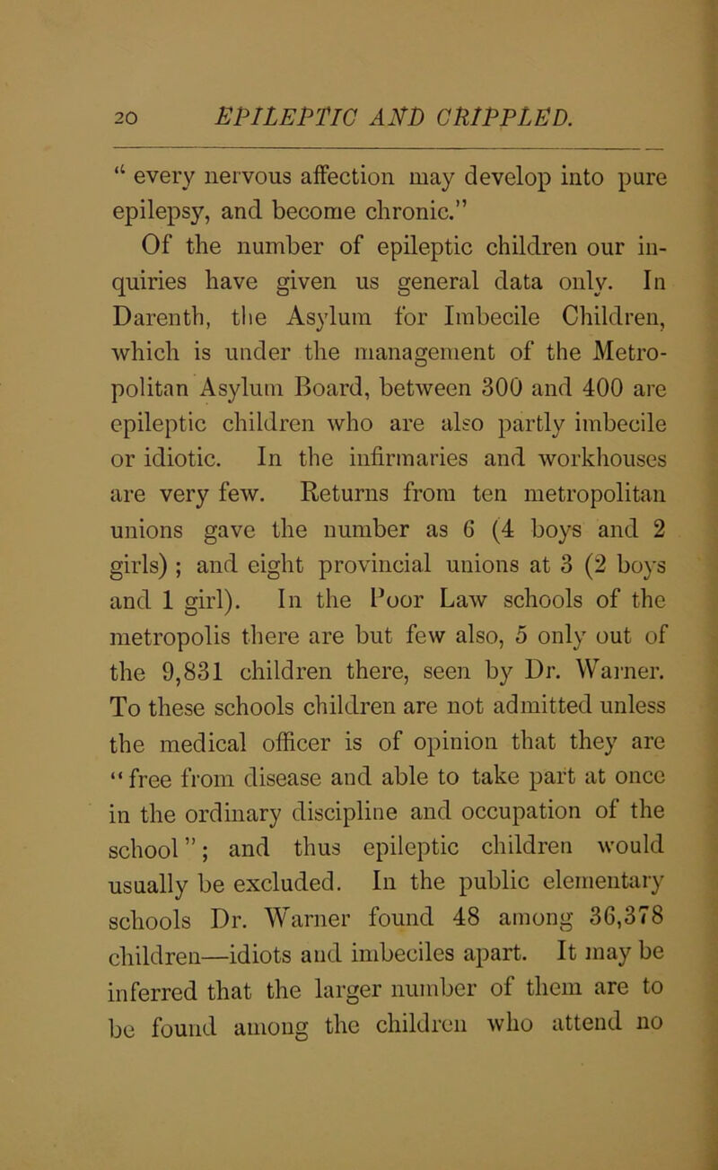 “ every nervous affection may develop into pure epilepsy, and become chronic.” Of the number of epileptic children our in- quiries have given us general data only. In Darenth, tlie Asylum for Imbecile Children, which is under the management of the Metro- politan Asylum Board, between 300 and 400 are epileptic children who are also partly imbecile or idiotic. In the infirmaries and workhouses are very few. Returns from ten metropolitan unions gave the number as 6 (4 boys and 2 girls) ; and eight provincial unions at 3 (2 boys and 1 girl). In the Poor Law schools of the metropolis there are but few also, 5 only out of the 9,831 children there, seen by Dr. Warner. To these schools children are not admitted unless the medical officer is of opinion that they are “free from disease and able to take part at once in the ordinary discipline and occupation of the school ”; and thus epileptic children would usually be excluded. In the public elementary schools Dr. Warner found 48 among 36,378 children—idiots and imbeciles apart. It may be inferred that the larger number of them are to be found among the children who attend no