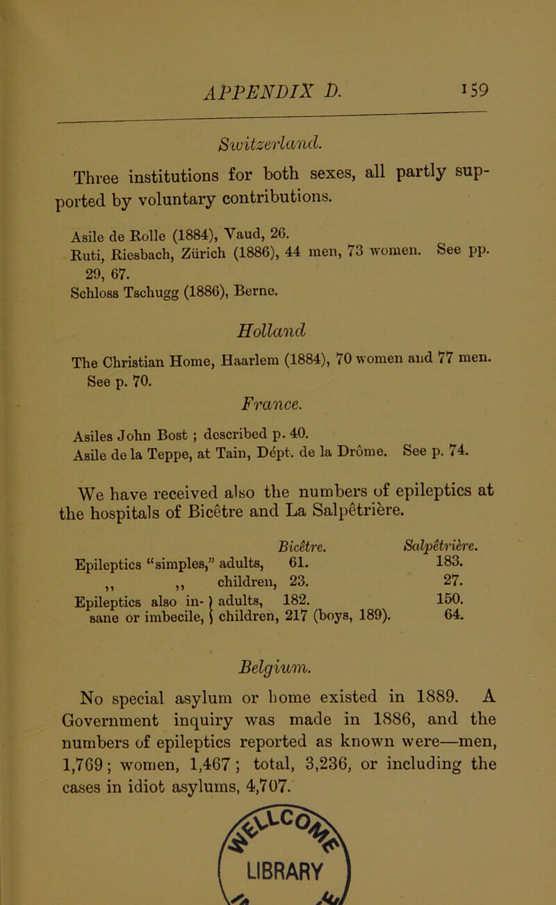 Sivitzerland. Three institutions for both sexes, all partly sup- ported by voluntary contributions. Asile de Rolle (1884), Vaud, 26. Ruti, Riesbach, Zurich (1886), 44 men, 73 women. See pp. 29, 67. Schloss Tschugg (1886), Berne. Holland The Christian Home, Haarlem (1884), 70 women and 77 men. See p. 70. France. Asiles John Bost ; described p. 40. Asile de la Teppe, at Tain, Dept, de la Drome. See p. 74. We have received also the numbers of epileptics at the hospitals of Bicetre and La Salpetriere. Bicetre. Salpetriire. Epileptics “simples,” adults, 61. 183. ,, ,, children, 23. 27. Epileptics also in-) adults, 182. 150. sane or imbecile, \ children, 217 (boys, 189). 64. Belgium. No special asylum or home existed in 1889. A Government inquiry was made in 1886, and the numbers of epileptics reported as known were—men, 1,769; women, 1,467; total, 3,236, or including the cases in idiot asylums, 4,707.