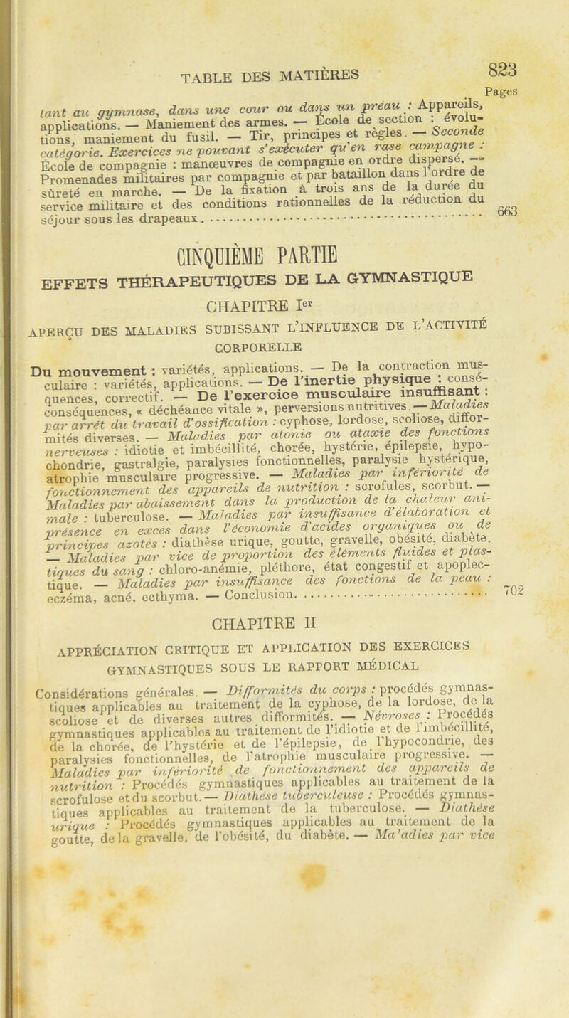 Pages tant au gymnase, da>is une cour ou dans un preau Appare ls, applications. - Maniement des armes. - Ecole de section : évolu- tions maniement du fusil. — Tir, principes et réglés. — Seconde catégorie. Exercices ne pouvant s’exécuter qu en rase campagne . École de compagnie : manœuvres de compagnie en ordre disperse Promenades militaires par compagnie et par bataillon dans l oidre de sûreté en marche. - De la fixation à trois ans de la duree du service militaire et des conditions rationnelles de la réduction du séjour sous les drapeaux CINQUIÈME PARTIE EFFETS THÉRAPEUTIQUES DE LA GYMNASTIQUE CHAPITRE Ier APERÇU DES MALADIES SUBISSANT L INFLUENCE DE L ACTIVITÉ CORPORELLE Du mouvement : variétés, applications. — De la contraction mus- culaire : variétés, applications. — De ITnertie physique .consé- quences, correctif. — De l’exercice musculaire insuffisant. conséquences, « déchéance vitale », perversions nutritives —Maladies ■par arrêt du travail d’ossification : cyphose, lordose, scoliose, diffor- mités diverses — Maladies par atonie ou ataxie des fonctions nerveuses : idiotie et imbécillité, chorée, hystérie, épilepsie hypo- chondrie gastralgie, paralysies fonctionnelles, paralysie hystérique, atrophie musculaire progressive. — Maladies par infériorité de fonctionnement des appareils de nutrition : scrofules, scorbut. Maladies par abaissement dans la production de la chaleur ani- male ■ tuberculose. — Maladies par insuffisance d élaboration et présence en excès dans l’économie d'acides organiques ou de principes azotes : diathèse urique, goutte, gravelle obésité, diabete. Maladies par vice de proportion des éléments fluides et plas- tigves du sang: chloro-anémie, pléthore, état congestif et apoplec- tique. — Maladies par insuffisance des fonctions de la peau. . CHAPITRE II appréciation critique et application des exercices GYMNASTIQUES SOUS LE RAPPORT MÉDICAL Considérations générales. — Difformités du corps : procédés gymnas- tiques applicables au traitement de la cyphose, de la lordose, de la scoliose et de diverses autres _ difformités.. — Névroses : Procédés gymnastiques applicables au traitement de 1 idiotie et de 1 imbécillité, <Je la chorée, de l’hystérie et de l’épilepsie, de 1 hypocondrie, des paralysies fonctionnelles, de l’atrophie musculaire progressive. Maladies par infériorité de fonctionnement des appareils de nutrition : Procédés gymnastiques applicables au traitement de la scrofulose et du scorbut. — Diathese tuberculeuse : Procédés gymnas- tiques applicables au traitement de la tuberculose. — Diathèse urique : Procédés gymnastiques applicables au traitement de la goutte, delà gravelle, de l'obésité, du diabète. — Ma’adies par vice 702