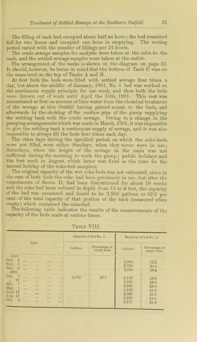 The filling of each bed occupied about half an hour; the bed remained full for two hours and occupied one hour in emptying. The resting period varied with the number of fillings per 24 hours. The crude sewage samples for analysis were taken at the inlet to the tank, and the settled sewage samples were taken at the outlet. The arrangement of the tanks is shown in the diagram on page 22. It should, however, be borne in mind that the bottom of Tank 0 was on the same level as the top of Tanks A and B. At first both the beds were filled with settled sewage four times a day, but about the middle of January, 1901, No. 1 bed was worked on the continuous supply principle for one week, and then both the beds were thrown out of work until April the 15th, 1901. This rest was necessitated at first on account of lime water from the chemical treatment of the sewage at this Outfall having gained access to the beds, and afterwards by the choking of the suction pipe of the pump supplying the settling tank with the crude sewage. Owing to a change in the pumping arrangements which was made in March, 1901, it was impossible to give the settling tank a continuous supply of sewage, and it was also impossible to always fill the beds four times each day. The other days during the specified period, on which the coke-beds were not filled, were either Sundays, when they never were in use; Saturdays, when the height of the sewage in the main was not sufficient during the morning to work the pump ; public holidays and the first week in August, which latter was fixed as the time for the annual holiday of the coke-bed samplers. The original capacity of the wet coke-beds was not estimated, since in the case of both beds the coke had been previously in use, but after the experiments of Series II. had been discontinued for about 10 weeks and the coke had been reduced in depth from ] 3 to 6 feet, the capacity of the bed was measured and found to be 2,900 gallons, or 32-2 per cent, of the total capacity of that portion of the tank (measured when empty) which contained the coke-bed. 'The following table indicates the results of the measurements of the capacity of the beds made at various times.