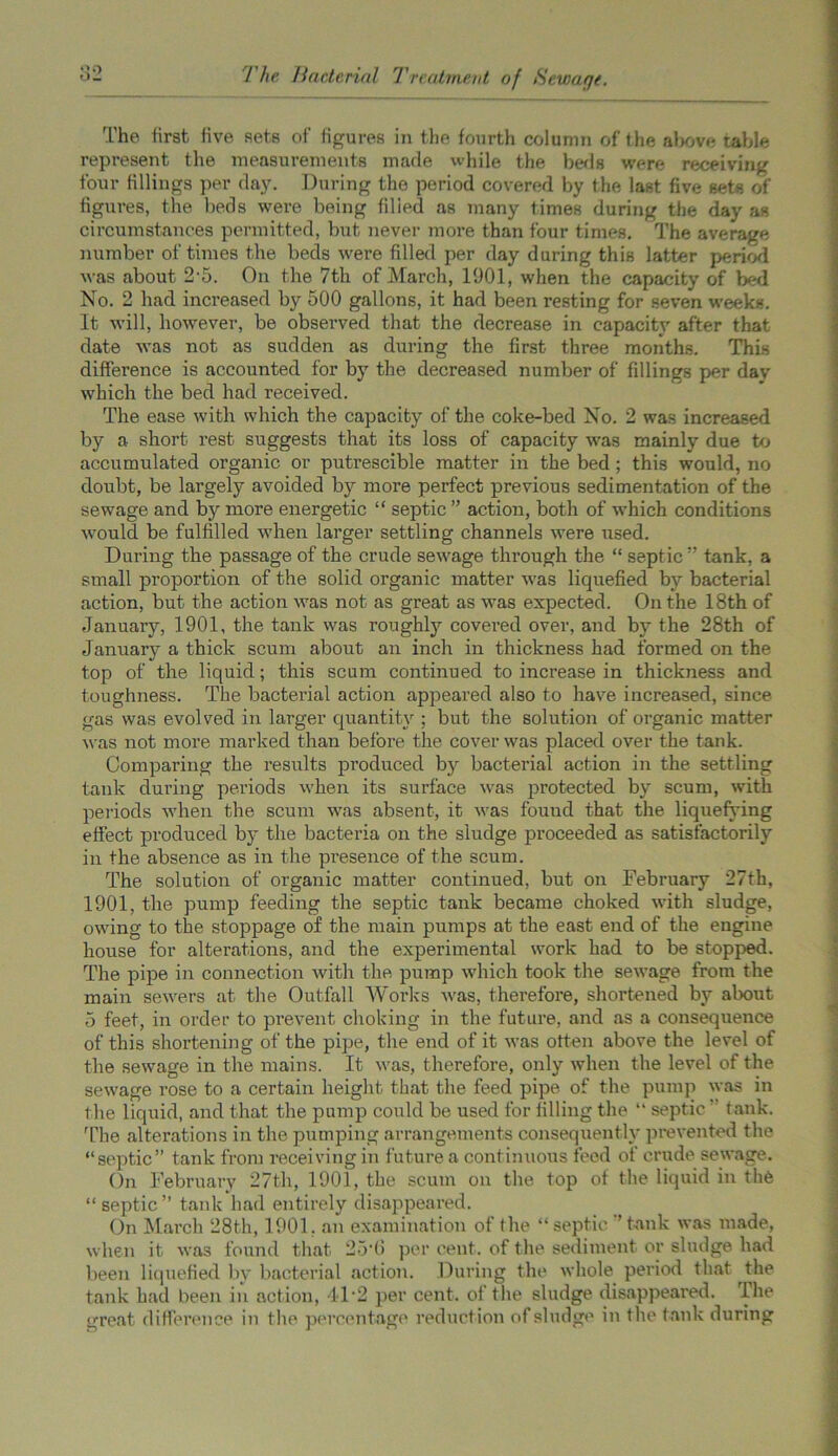 The first, five sets of figures in the fourth column of the above table represent the measurements made while the beds were receiving four fillings per day. During the period covered by the last five sets of figures, the beds were being filled as many times during the day as circumstances permitted, but never more than four times. The average number of times the beds were fdled per day during this latter period was about 2'5. On the 7th of March, 1901, when the capacity of bed No. 2 had increased by 500 gallons, it had been resting for seven weeks. It will, however, be observed that the decrease in capacity after that date was not as sudden as during the first three months. This difference is accounted for by the decreased number of fillings per dav which the bed had received. The ease with which the capacity of the coke-bed No. 2 was increased by a short rest suggests that its loss of capacity was mainly due to accumulated organic or putrescible matter in the bed; this would, no doubt, be largely avoided by more perfect previous sedimentation of the sewage and by more energetic “ septic ” action, both of which conditions would be fulfilled when larger settling channels were used. During the passage of the crude sewage through the “ septic ” tank, a small proportion of the solid organic matter was liquefied by bacterial action, but the action was not as great as was expected. On the 18th of January, 1901, the tank was roughly covered over, and by the 28th of January a thick scum about an inch in thickness had formed on the top of the liquid; this scum continued to increase in thickness and toughness. The bacterial action appeared also to have increased, since gas was evolved in larger quantity ; but the solution of organic matter was not more marked than before the cover was placed over the tank. Comparing the results produced by bacterial action in the settling tank during periods when its surface was protected by scum, with periods when the scum was absent, it was found that the liquefying effect produced by the bacteria on the sludge proceeded as satisfactorily in the absence as in the presence of the scum. The solution of organic matter continued, but on February 27th, 1901, the pump feeding the septic tank became choked with sludge, owing to the stoppage of the main pumps at the east end of the engine house for alterations, and the experimental work had to be stopped. The pipe in connection with the pump which took the sewage from the main sewers at the Outfall Works was, therefore, shortened by about 5 feet, in order to prevent choking in the future, and as a consequence of this shortening of the pipe, the end of it was otten above the level of the sewage in the mains. It was, therefore, only when the level of the sewage rose to a certain height that the feed pipe of the pump was in the liquid, and that the pump could be used for filling the “ septic ” t ank. 'The alterations in the pumping arrangements consequently prevented the “septic” tank from receiving in future a continuous feed of crude sewage. On February 27th, 1901, the scum on the top of the liquid in the “ septic ” tank had entirely disappeared. On March 28th, 1901. an examination of the “septic ’tank was made, when it was found that 25’6 per cent, of the sediment or sludge had been liquefied by bacterial action. During the whole period that the tank had been in action, 4-1 *2 per cent, of the sludge disappeared. The great difference in the percentage reduction of sludge in the tank during