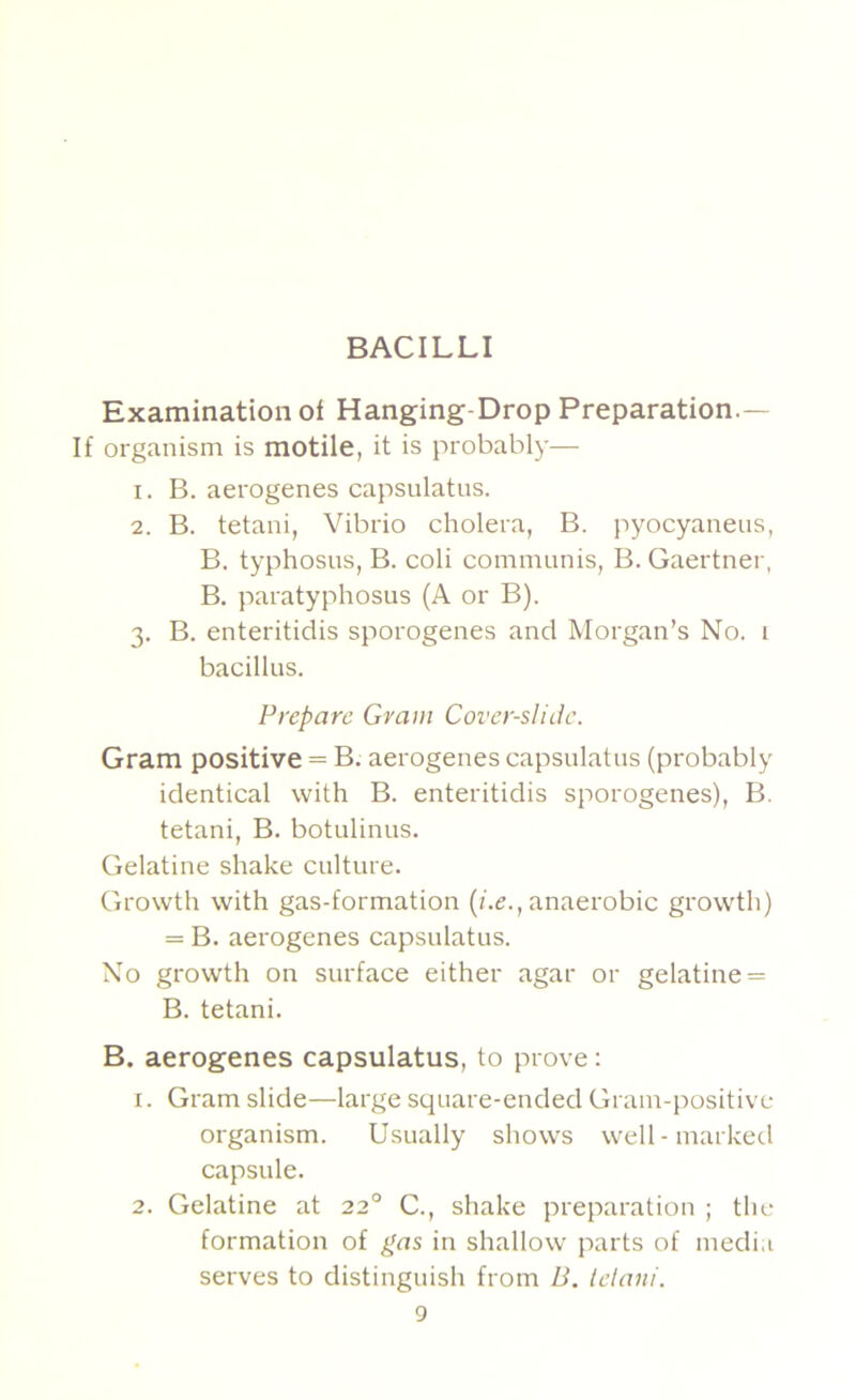 BACILLI Examination of Hanging-Drop Preparation.— If organism is motile, it is probabl}'— 1. B. aerogenes capsulatus. 2. B. tetani, Vibrio cholera, B. pyocyaneus, B. typhosus, B. coli communis, B. Gaertner, B. paratyphosus (A or B). 3. B. enteritidis sporogenes and Morgan’s No. 1 bacillus. Prepare Gram Cover-slide. Gram positive = B. aerogenes capsulatus (probably identical with B. enteritidis sporogenes), B. tetani, B. botulinus. Gelatine shake culture. Growth with gas-formation (/.e., anaerobic growth) = B. aerogenes capsulatus. No growth on surface either agar or gelatine = B. tetani. B. aerogenes capsulatus, to prove: 1. Gram slide—large square-ended Gram-positive organism. Usually shows well-marked capsule. 2. Gelatine at 22° C., shake preparation ; the formation of ^<as in shallow parts of media serves to distinguish from B. tetani.