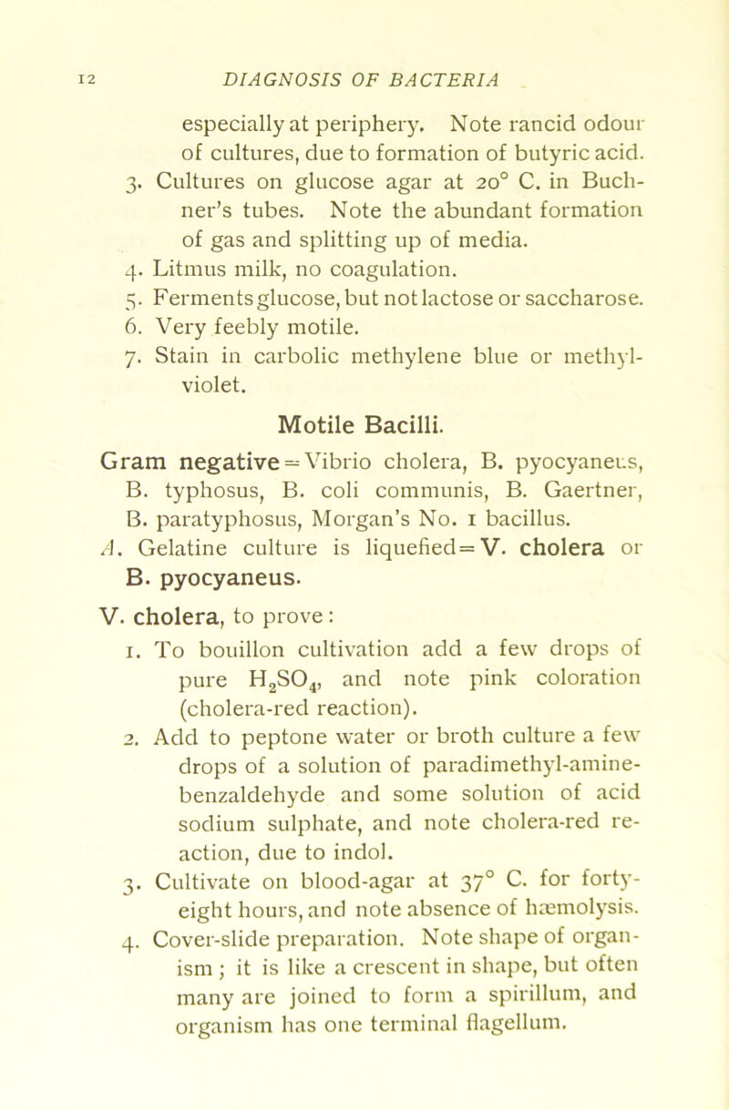 especially at periphery. Note rancid odour of cultures, due to formation of butyric acid. 3. Cultures on glucose agar at 20° C. in Buch- ner’s tubes. Note the abundant formation of gas and splitting up of media. 4. Litmus milk, no coagulation. 5. Ferments glucose, but not lactose or saccharose. 6. Very feebly motile. 7. Stain in carbolic methylene blue or methyl- violet. Motile Bacilli. Gram negative = Vibrio cholera, B. pyocyaneus, B. typhosus, B. coli communis, B. Gaertner, B. paratyphosus, Morgan’s No. i bacillus. A. Gelatine culture is liquefied =V. cholera or B. pyocyaneus. V. cholera, to prove; 1. To bouillon cultivation add a few drops of pui-e H2SO4, and note pink coloration (cholera-red reaction). 2. Add to peptone water or broth culture a few drops of a solution of paradimethyl-amine- benzaldehyde and some solution of acid sodium sulphate, and note cholera-red re- action, due to indol. 3. Cultivate on blood-agar at 37° C. for forty- eight hours, and note absence of hmmolysis. 4. Cover-slide preparation. Note shape of organ- ism ; it is like a crescent in shape, but often many are joined to form a spirillum, and organism has one terminal flagellum.