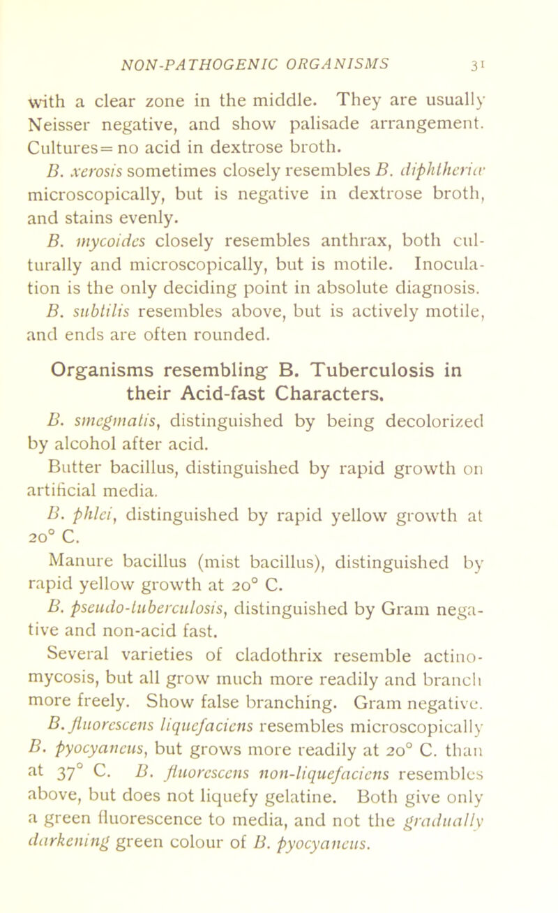 with a clear zone in the middle. They are usually Neisser negative, and show palisade arrangement. Cultures = no acid in dextrose broth. B. xerosis sometimes closely resembles B. diphtheria- microscopically, but is negative in dexti'ose broth, and stains evenly. B. mycoides closely resembles anthrax, both cul- turally and microscopically, but is motile. Inocula- tion is the only deciding point in absolute diagnosis. B. subtilis resembles above, but is actively motile, and ends are often rounded. Organisms resembling B. Tuberculosis in their Acid-fast Characters. B. smegmatis, distinguished by being decolorized by alcohol after acid. Butter bacillus, distinguished by rapid growth on artificial media. B. phlci, distinguished by rapid yellow growth at 20° C. Manure bacillus (mist bacillus), distinguished by rapid yellow growth at 20° C. B. pseudo-tuberculosis, distinguished by Gram nega- tive and non-acid fast. Several varieties of cladothrix resemble actino- mycosis, but all grow much more readily and branch more freely. Show false branching. Gram negative. B. Jtuorcscens liquefaciens resembles microscopically B. pyocyaneus, but grows more readily at 20° C. than 37° C. B. Jtuorcscens non-liquefaciens resembles above, but does not liquefy gelatine. Both give only a green fluorescence to media, and not the graduallv darkening green colour of B. pyocyancus.