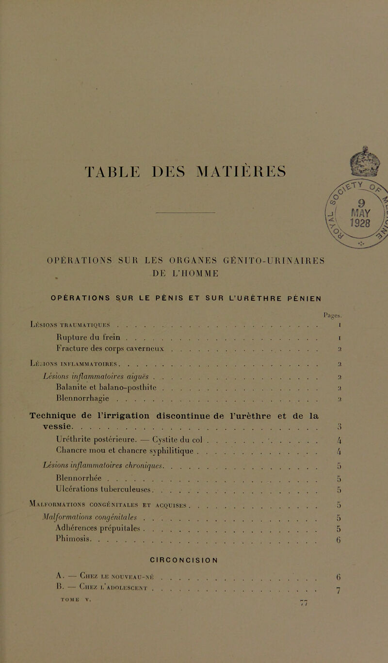 TABLE DES MATIERES OPÉRATIONS SUR LES ORGANES GÉNITO-URINAIRES DE L’HOMME OPÉRATIONS SUR LE PÉNIS ET SUR L’URÉTHRE PÉNIEN Pages. Lésio.ns traumatiques 1 Rupture du (rein i Fracture des corps caverneux 2 Lésions inflammatoires 2 Lésions inflammatoires aiguës 2 Balanite et balano-posthile 2 Blennorrhagie 2 Technique de l’irrigation discontinue de l’urèthre et de la vessie 3 Uréthrite postérieure. —Cystite du col • 4 Cliancre mou et chancre syphilitique 4 Lésions inflammatoires chroniques 5 Blennorrliée 5 Ulcérations tuberculeuses 5 Malformations congénufales et acquises 5 Malformations congénitales 5 Adhérences prépuitales 5 Phimosis (3 CIRCONCISIO N A. — Chez le nouveau-né ti B- — Chez l’aholescent . . n