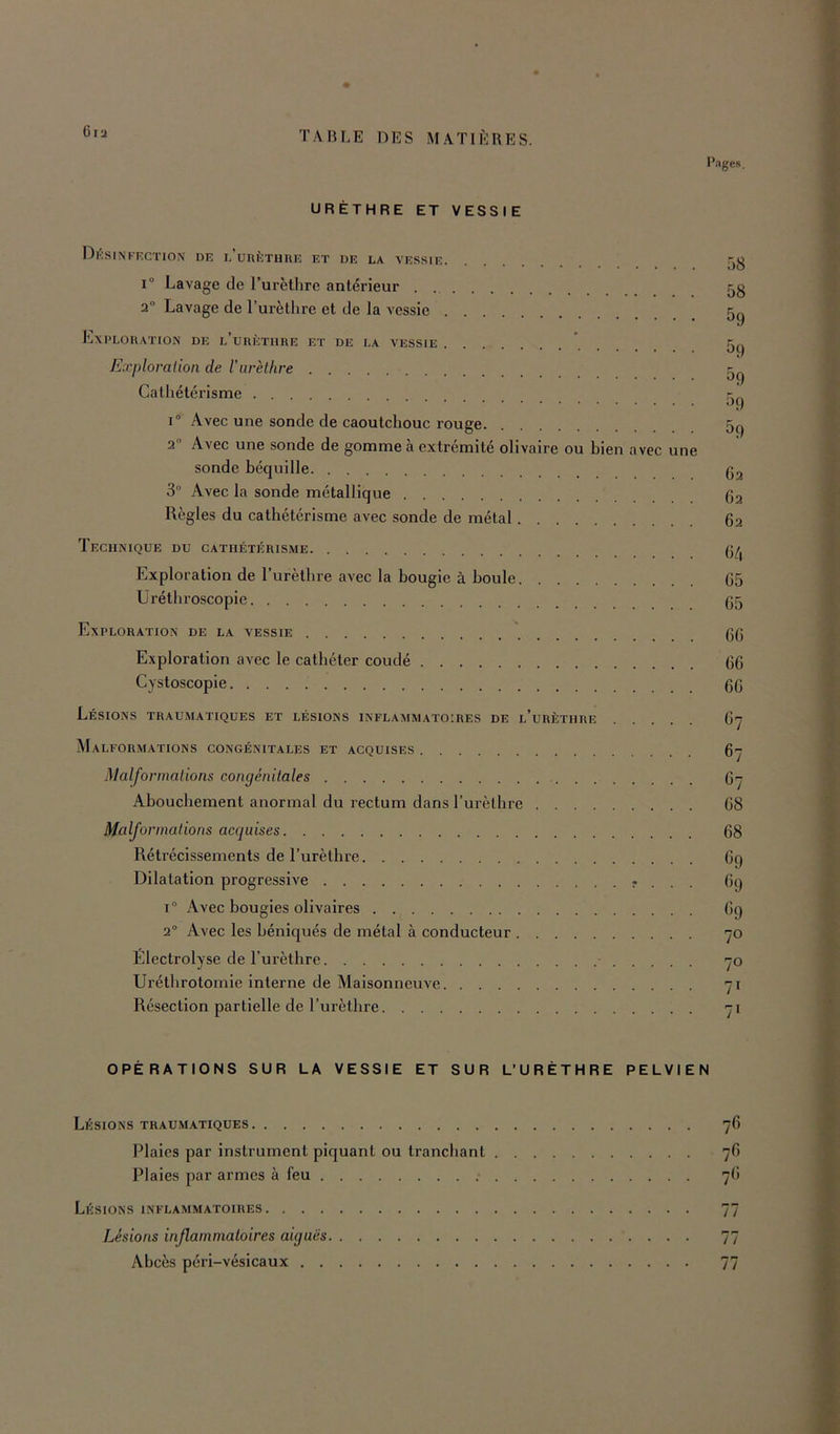 l’.iges, URÈTHRE ET VESSIE DkSINFF.CT10i\ de l’üIUOTHRE et de la VES.SIE 5g 1° Lavage de rurèthrc antérieur . 5g a“ Lavage de l’urètlire et de la vessie 5g Exelohation de l’uiiètiire et de la vessie . r-,,, '^9 Exploralion de Vurèthre 5g Cathétérisme ^9 1“ Avec une sonde de caoutchouc rouge 5q 2° Avec une sonde de gomme à extrémité olivaire ou bien avec une sonde béquille 3“ Avec la sonde métallique gg Règles du cathétérisme avec sonde de métal 62 Technique du cathétérisme g/^ Exploration de l’urètbre avec la bougie à boule 05 Üréthroscopie gg Exploration de la vessie ' gg Exploration avec le cathéter coudé 60 Cystoscopie gO Lésions traumatiques et lésions inflammatoires de l’urèthre O7 Malformations congénitales et acquises 6 Malformations congénitales O7 Abouchement anormal du rectum dans rurèlhre 08 Malformations acquises 68 Rétrécissements de l’urèthre Oq Dilatation progressive ?... O9 I® Avec bougies olivaires Oq 2° Avec les béniqués de métal à conducteur 70 Électrolyse de l’urèthre 70 Uréllirotomie Interne de Maisonneuve 71 Résection partielle de l’urèthre 71 OPÉRATIONS SUR LA VESSIE ET SUR L’URÈTHRE PELVIEN Lésions traumatiques 7O Plaies par instrument piquant ou tranchant 7^ Plaies par armes à feu 7<> Lésions inflammatoires 77 Lésions inflammatoires aiguës 77 Abcès péri-vésicaux 77