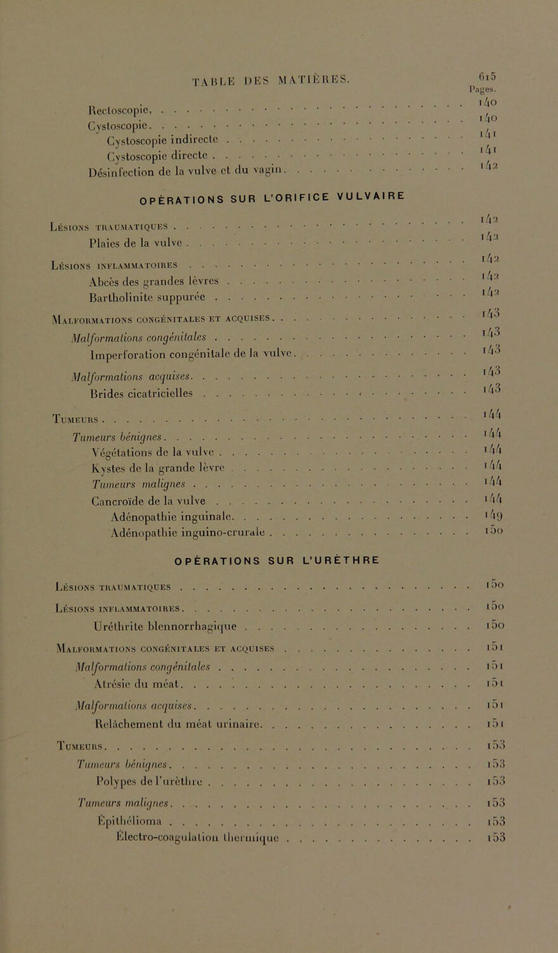 Cysloscopie indirecte Cystoscopie directe Désinfection de la vulve et du vagin OPÉRATIONS SUR L’ORIFICE VULVAIRE Lésions Plaies de la vulve Lésions inflammatoires Abcès des grandes Bartholinite suppurée Malformations congénitales et acquises Malformations congénitales Imperforation congénitale de la vulve Malformations acquises Brides cicatricielles • Tumeurs Tumeurs bénignes Végétations de la vulve Kystes de la grande lèvre Tumeurs malignes Cancroïde de la vulve Adénopathie inguinale Adénopathie inguino-crurale OPÉRATIONS SUR L’URÉTHRE Lésions traumatiques Lésions inflammatoires Urétlirite blennorrhaglque . . . Malformations congénitales et acquises Malformations congénitales Atrésie du méat Malformations acquises Relâchement du méat urinaire. . Tumeurs Tumeurs bénignes Polypes de rurèthre Tumeurs malignes Lpitliélioma Electro-coagulation tlierniique 6i5 P.iges. l/|0 l/lO l/|l i4i I 4 2 142 143 142 ll\‘J 143 i43 i43 i43 i43 143 144 i44 i44 i44 i44 i44 i4o i5o i5o i5o 150 151 i5i 151 i5i i5i i53 153 i53 i53 i53 i53