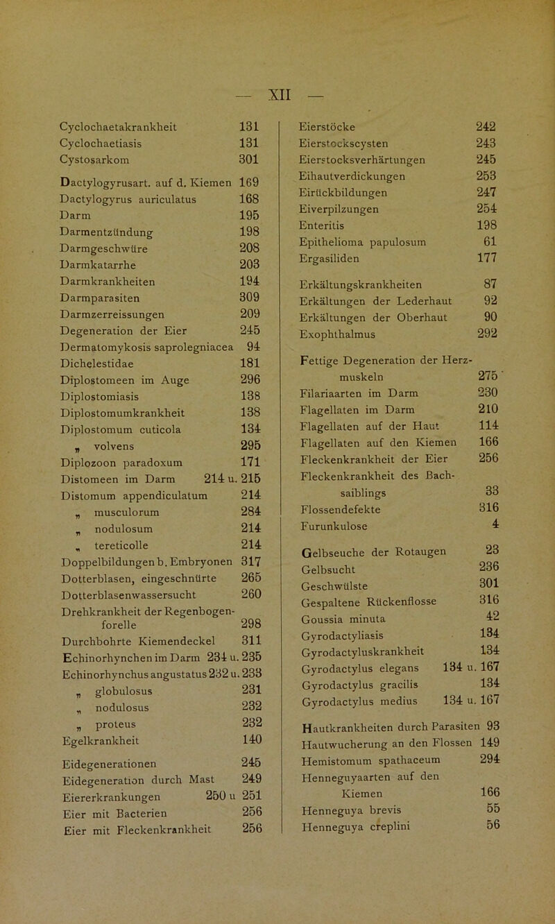 Cyclochaetakrankheit 131 Cyclochaetiasis 131 Cystosarkom 301 Dactylogyrusart. auf d. Kiemen 169 Dactylogyrus auriculatus 168 Darm 195 Darmentzündung 198 Darmgeschwüre 208 Darmkatarrhe 203 Darmkrankheiten 194 Darmparasiten 309 Darmzerreissungen 209 Degeneration der Eier 245 Dermatomykosis saprolegniacea 94 Dichelestidae 181 Diplostomeen im Auge 296 Diplostomiasis 138 Diplostomumkrankheit 138 Diplostomum cuticola 134 „ volvens 295 Diplozoon paradoxum 171 Distomeen im Darm 214 u. 216 Distomum appendiculalum 214 „ musculorum 284 ^ nodulosum 214 , tereticolle 214 Doppelbildungenb.Embryonen 317 Dotterblasen, eingeschnürte 265 Dotterblasenwassersucht 260 Drehkrankheit der Regenbogen- forelle 298 Durchbohrte Kiemendeckel 311 Echinorhynchen im Darm 234 u. 235 Echinorhynchus angustatus232 u. 233 „ globulosus 231 „ nodulosus 232 „ proteus 232 Egelkrankheit 140 Eidegenerationen 245 Eidegeneration durch Mast 249 Eiererkrankungen 250 u 251 Eier mit Bacterien 2o6 Eier mit Fleckenkrankheit 256 Eierstöcke 242 Eierstockscysten 243 Eierstocksverhärtungen 245 Eihautverdickungen 253 Eirückbildungen 247 Eiverpilzungen 254 Enteritis 198 Epithelioma papulosum 61 Ergasiliden 177 Erkältungskrankheiten 87 Erkältungen der Lederhaut 92 Erkältungen der Oberhaut 90 Exophthalmus 292 Fettige Degeneration der Herz- muskeln 275 Filariaarten im Darm 230 Flagellaten im Darm 2l0 Flagellaten auf der Haut 114 Flagellaten auf den Kiemen 166 Fleckenkrankheit der Eier 256 Fleckenkrankheit des ßach- saiblings 33 Flossendefekte 316 Furunkulose ^ Gelbseuche der Rotaugen 23 Gelbsucht 236 Geschwülste 301 Gespaltene Rückenflosse 316 Goussia minuta 42 Gyrodactyliasis 134 Gyrodactyluskrankheit 134 Gyrodactylus elegans 134 u. 167 Gyrodactylus gracilis 134 Gyrodactylus medius 134 u. 167 Hautkrankheiten durch Parasiten 93 Hautwucherung an den Flossen 149 Hemistomum spathaceum 294 Henneguyaarten auf den Kiemen 166 Henneguya brevis 55 Henneguya creplini 56